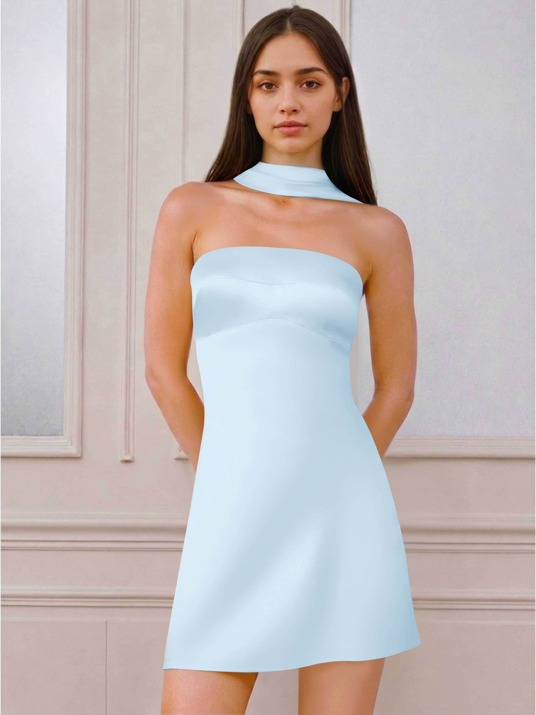 ROVDESY A-Line Halter Neck Satin Homecoming Mini Dress