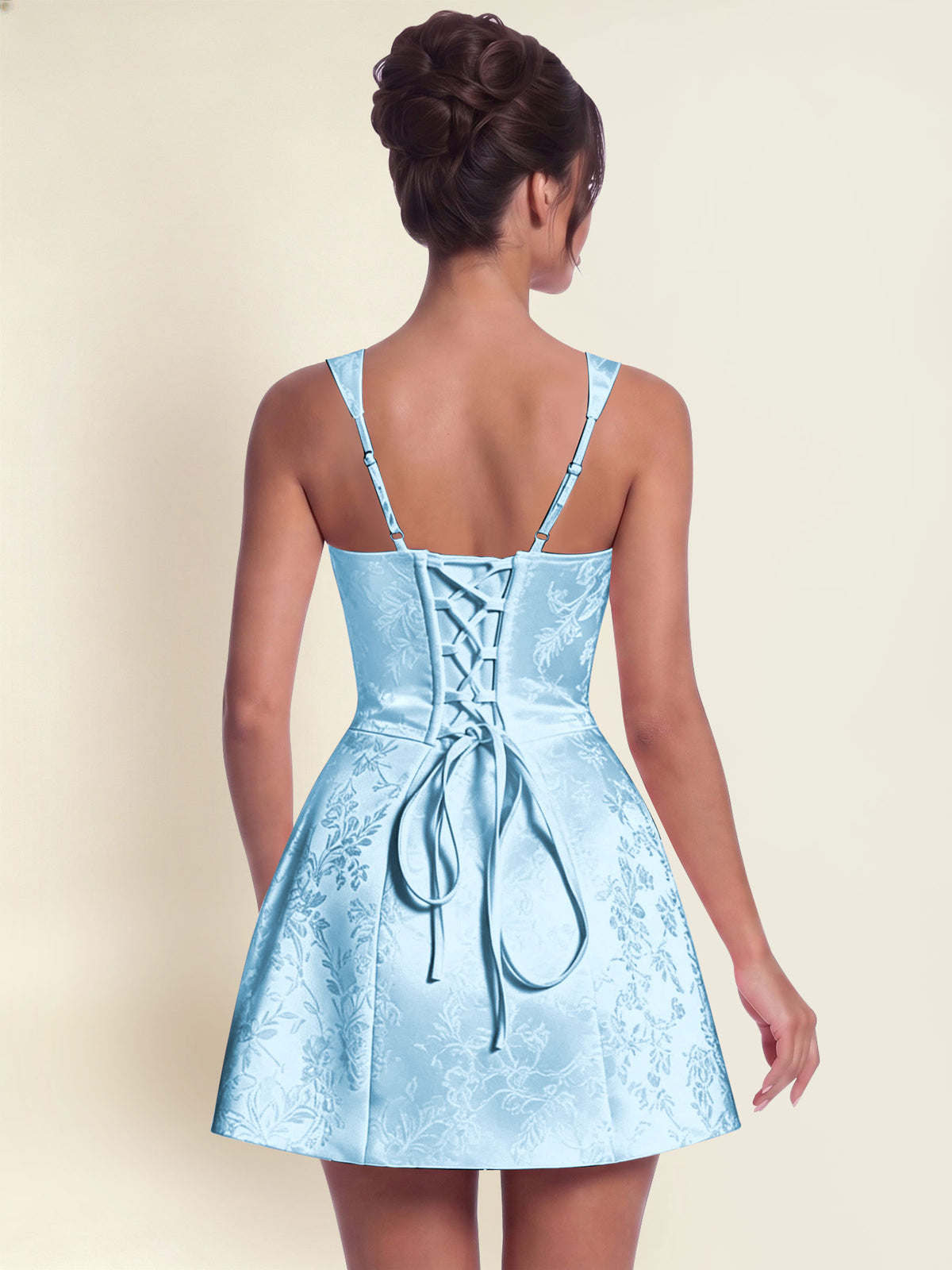 ROVDESY A-Line Square Neck Jacquard Satin Homecoming Mini Dress