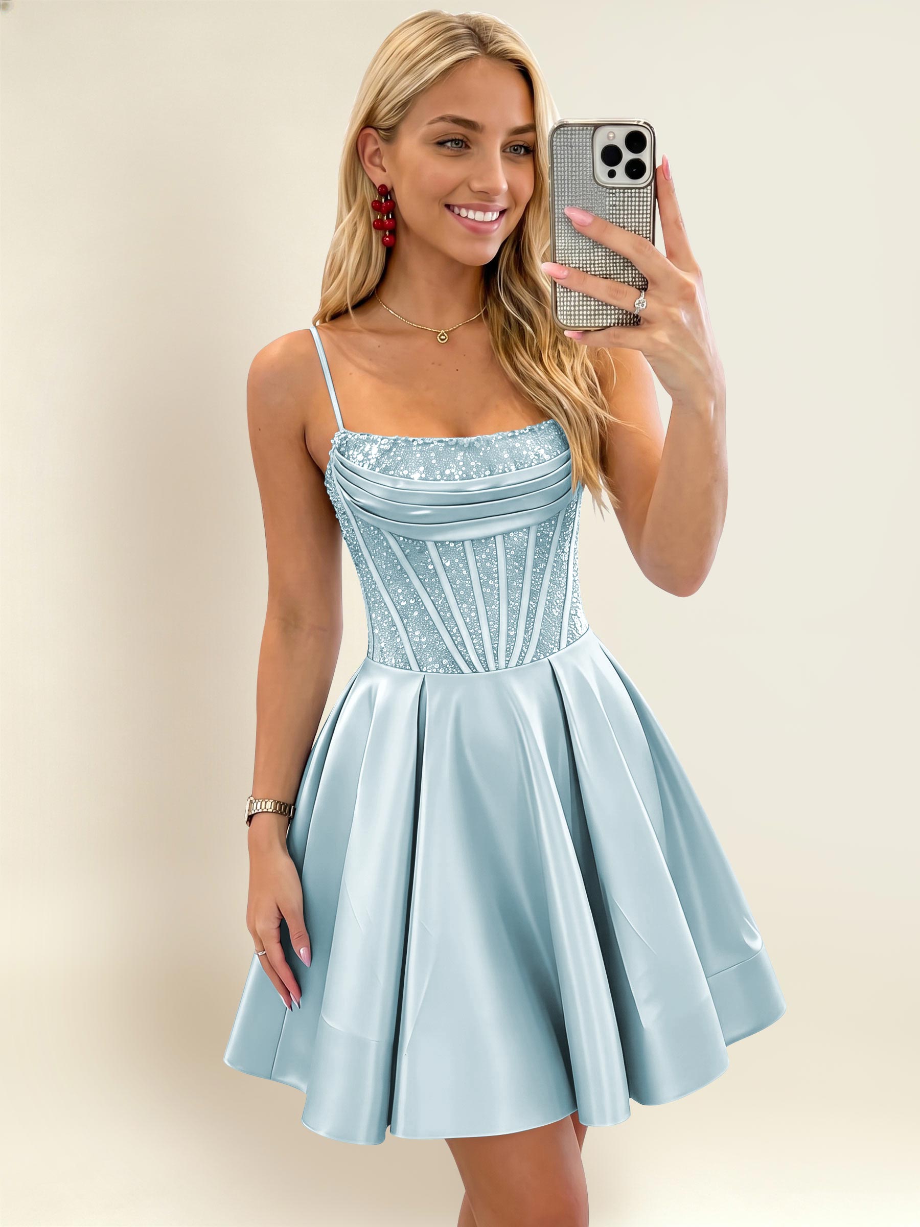 ROVDESY A-Line Spaghetti Strap Sequin Corset Satin Homecoming Mini Dress
