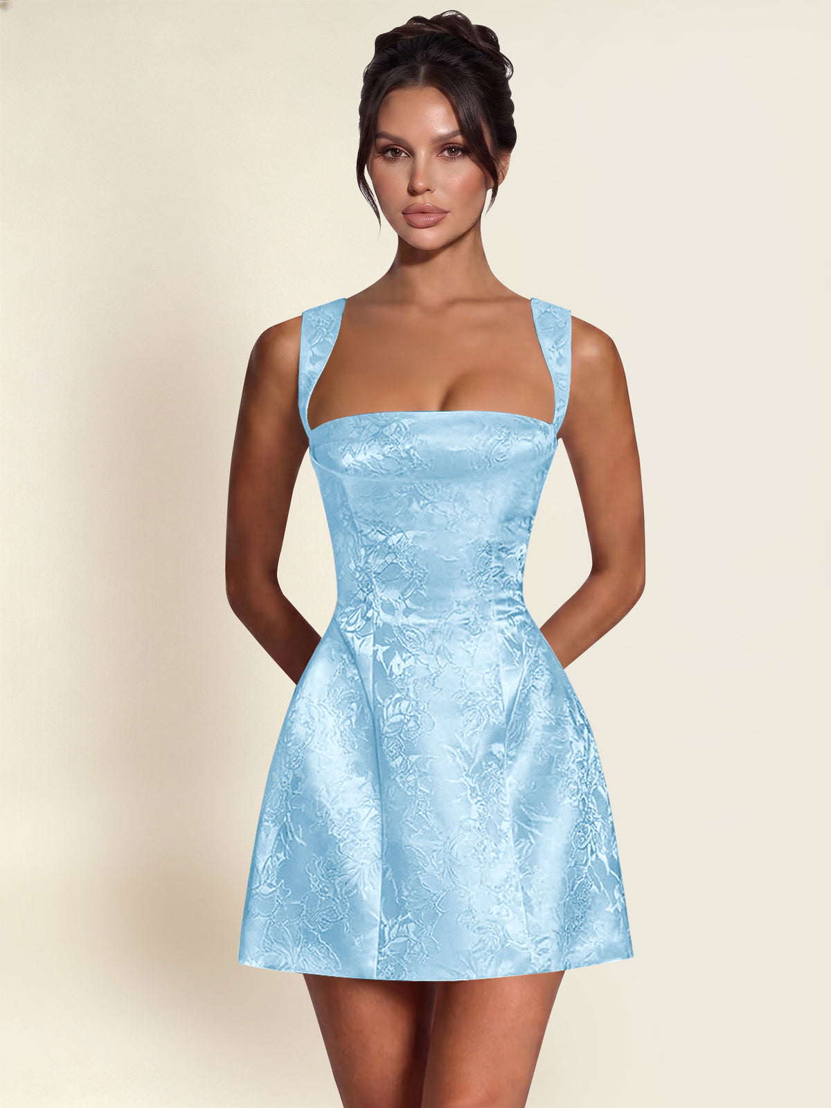 ROVDESY A-Line Square Neck Jacquard Satin Homecoming Mini Dress