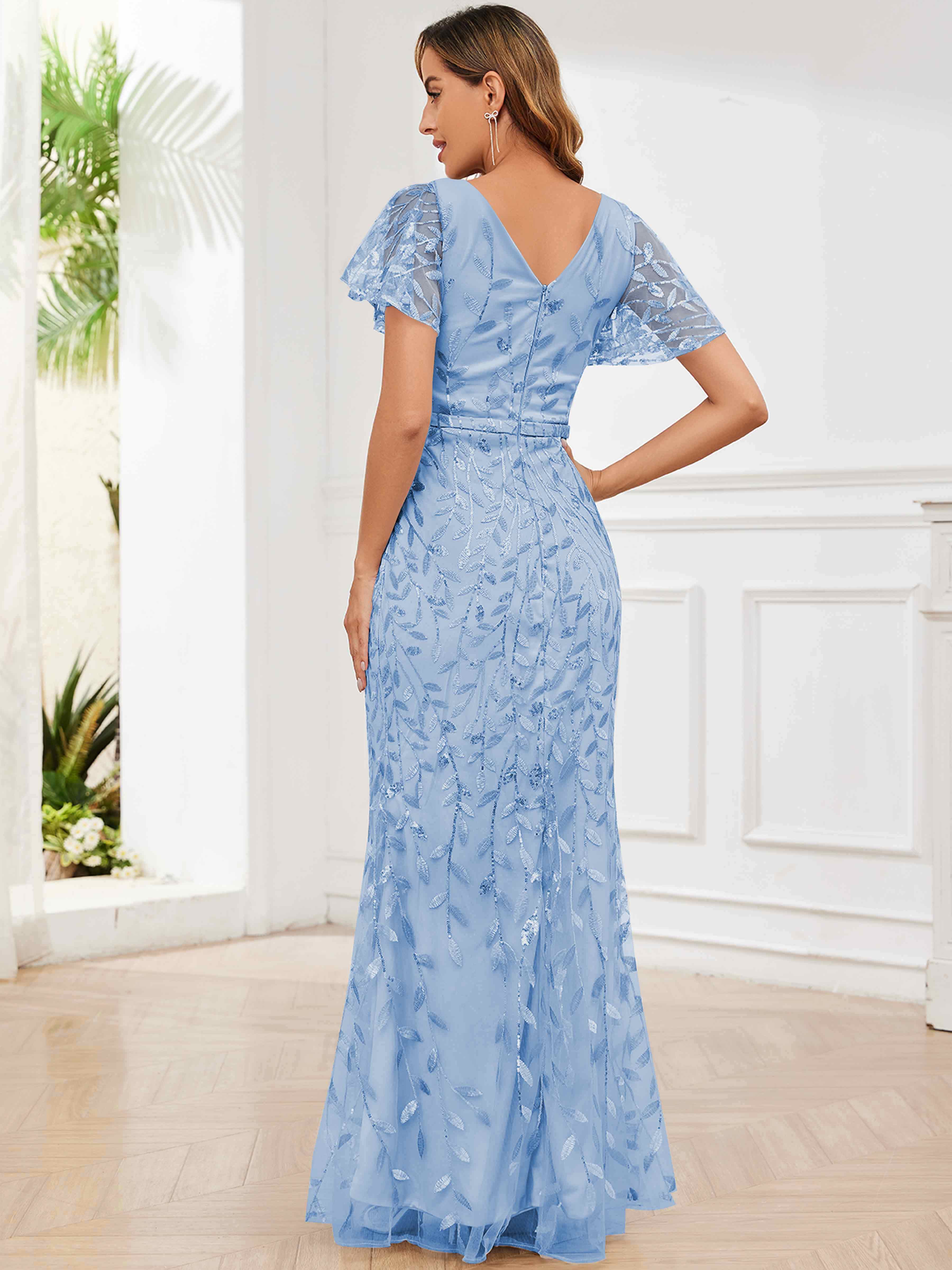 ROVDESY V-Neck Mermaid Sequin Mother Of The Bride Dress With Short Sleeves