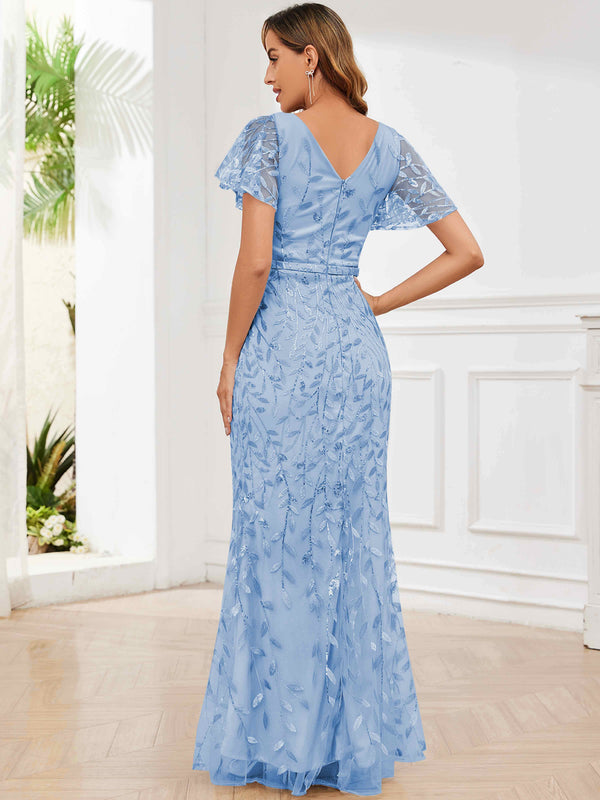 V-Neck Mermaid Sequin Mother Of The Bride Dress With Short Sleeves