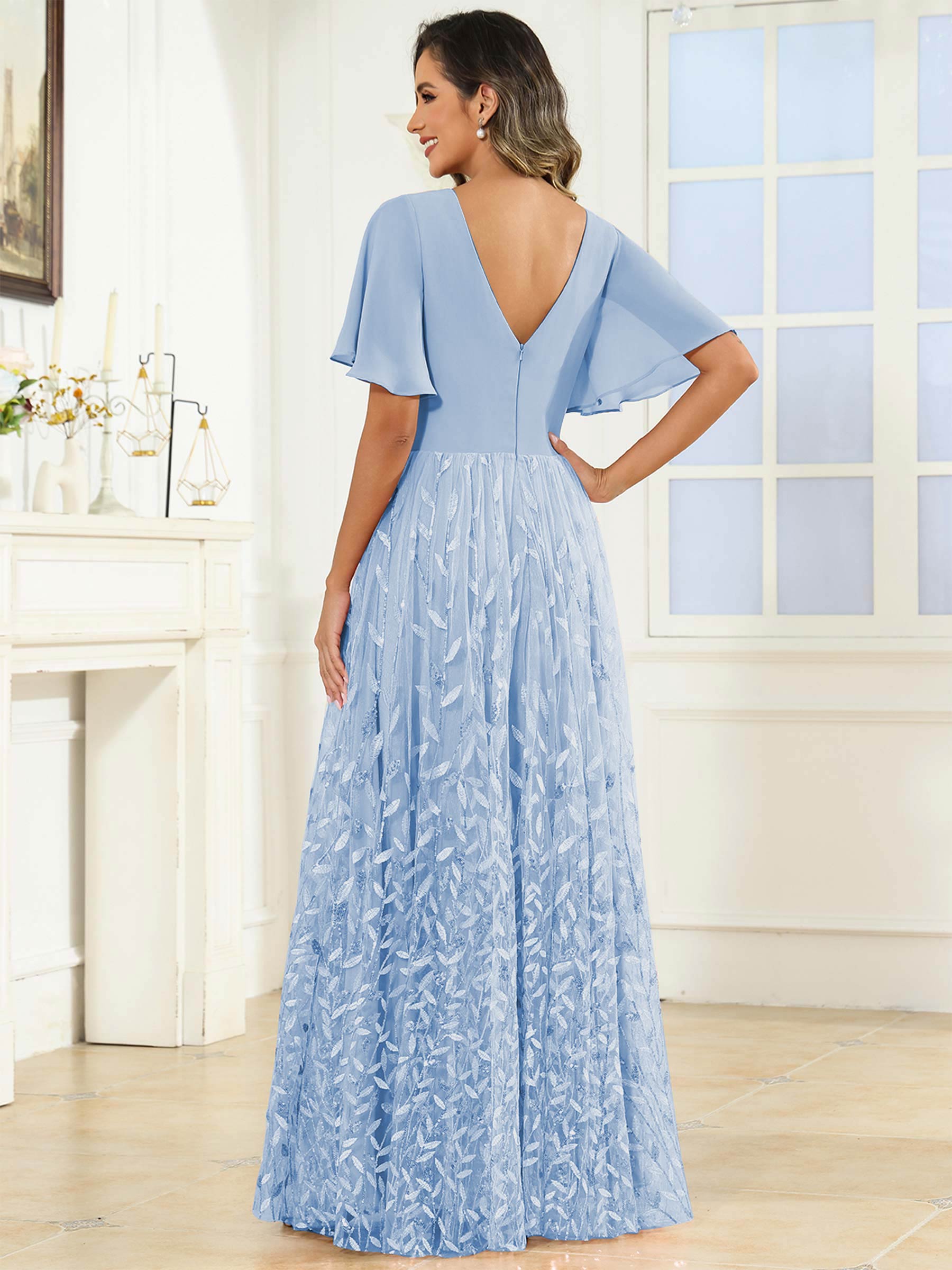 ROVDESY A-Line V-Neck Chiffon Sequin Mother Of The Bride Dress With Short Sleeves