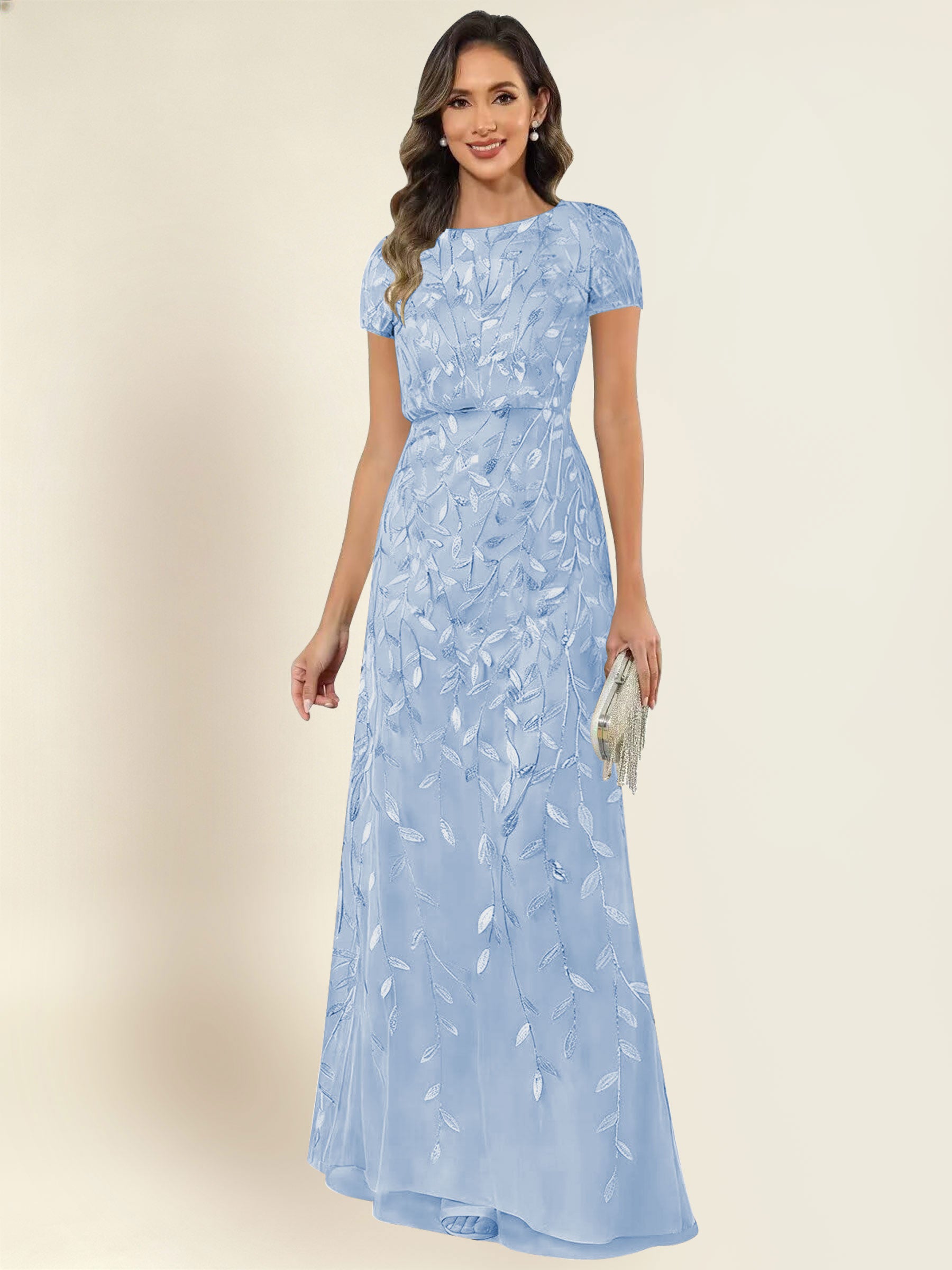 ROVDESY Sequin Mermaid Long Mother Of The Bride Dress With Short Sleeves Formal Gown