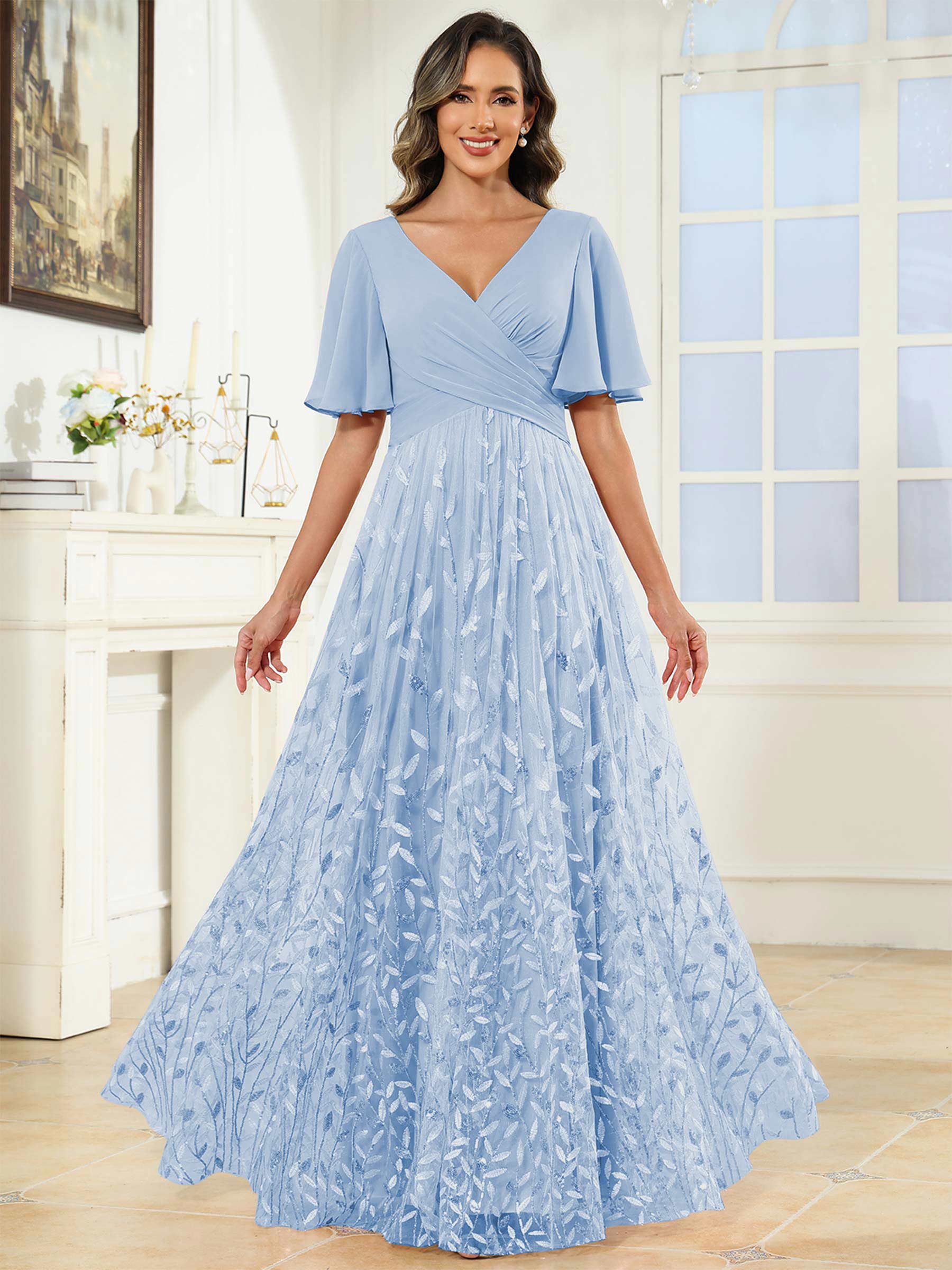 ROVDESY A-Line V-Neck Chiffon Sequin Mother Of The Bride Dress With Short Sleeves