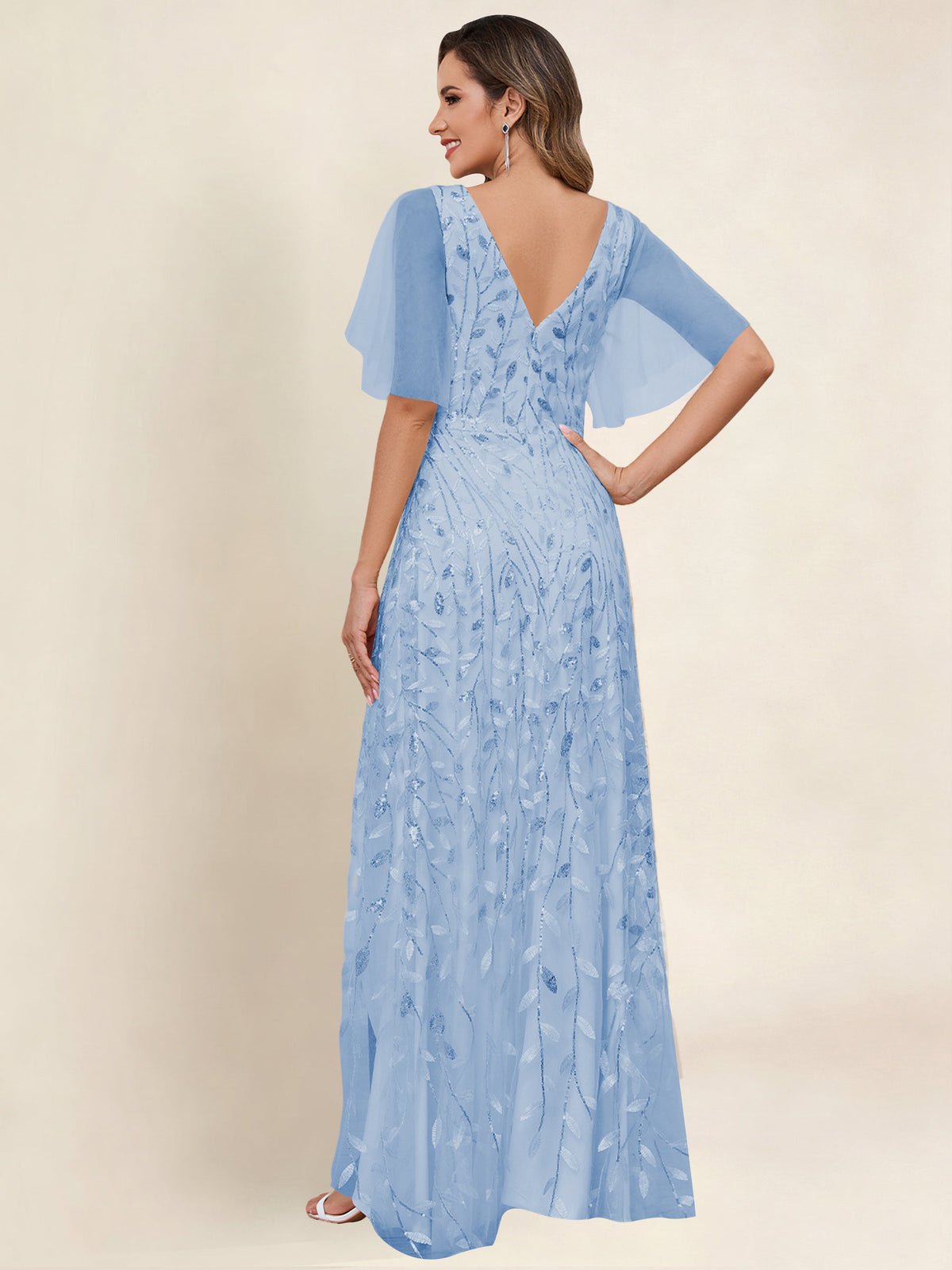 V Neck Sequin Tulle A Line Mother of the Bride Dress with Sleeves