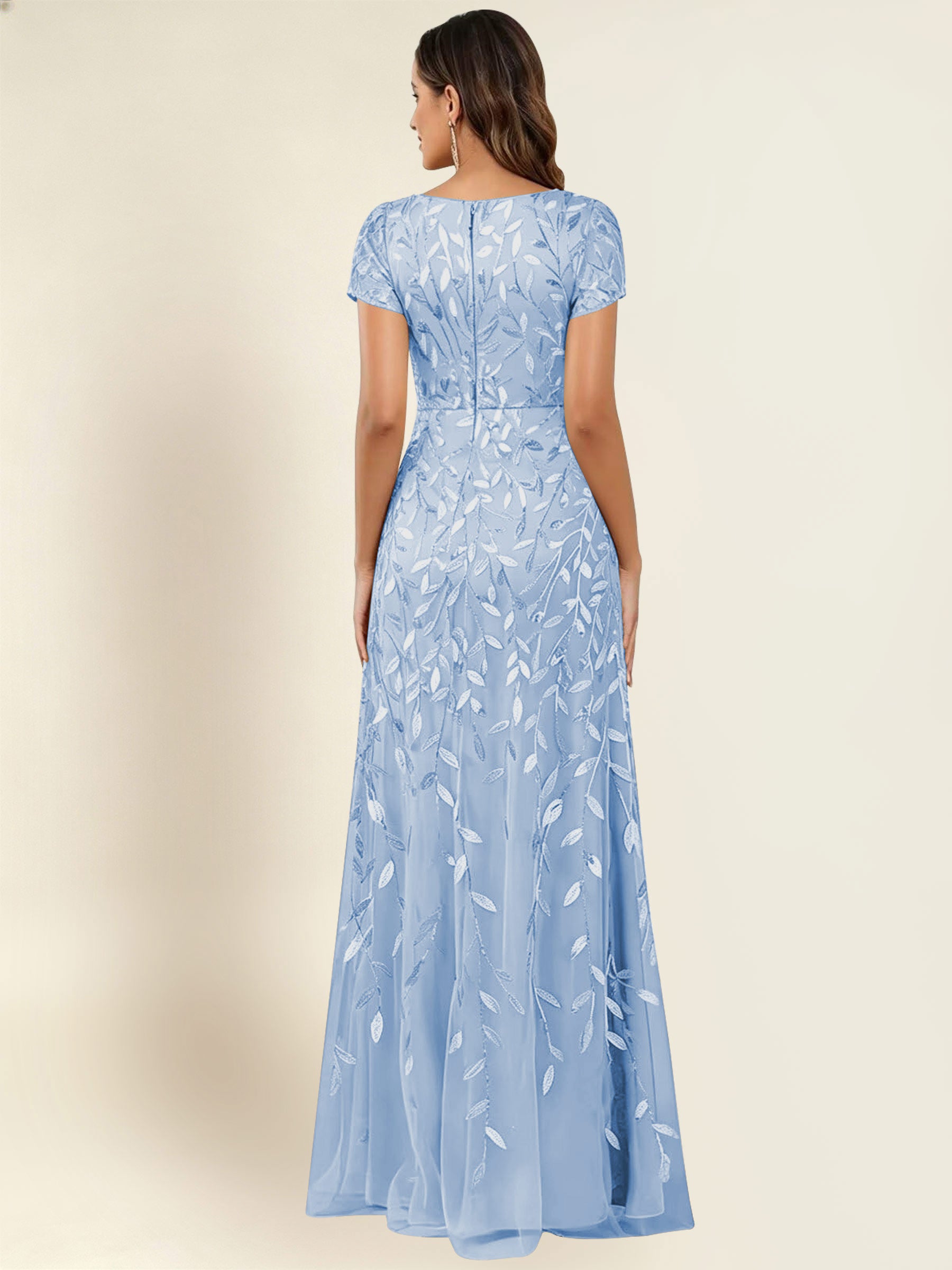 ROVDESY Sequin Mermaid Long Mother Of The Bride Dress With Short Sleeves Formal Gown