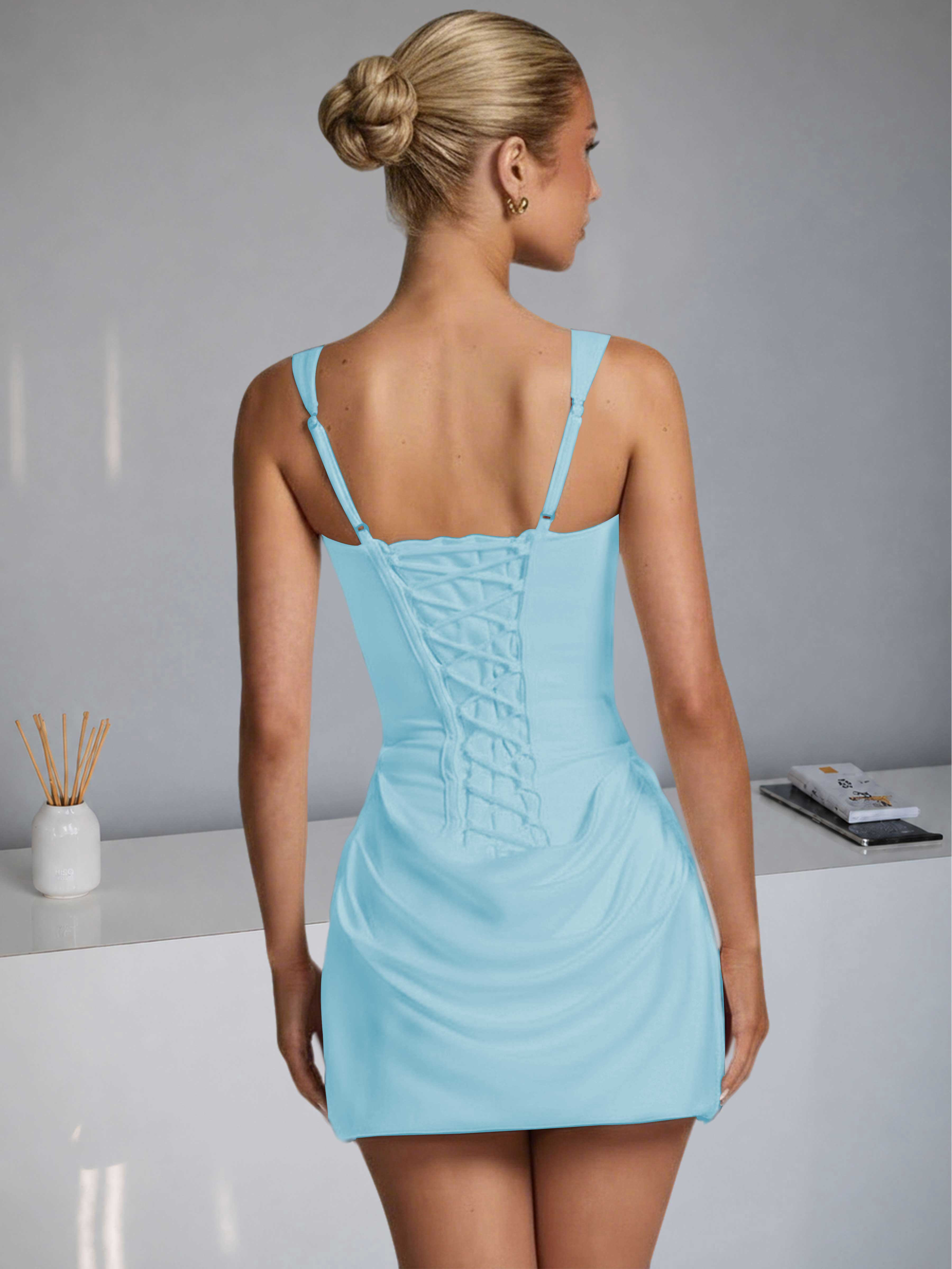ROVDESY Square Neck Ruched Satin Homecoming Mini Dress