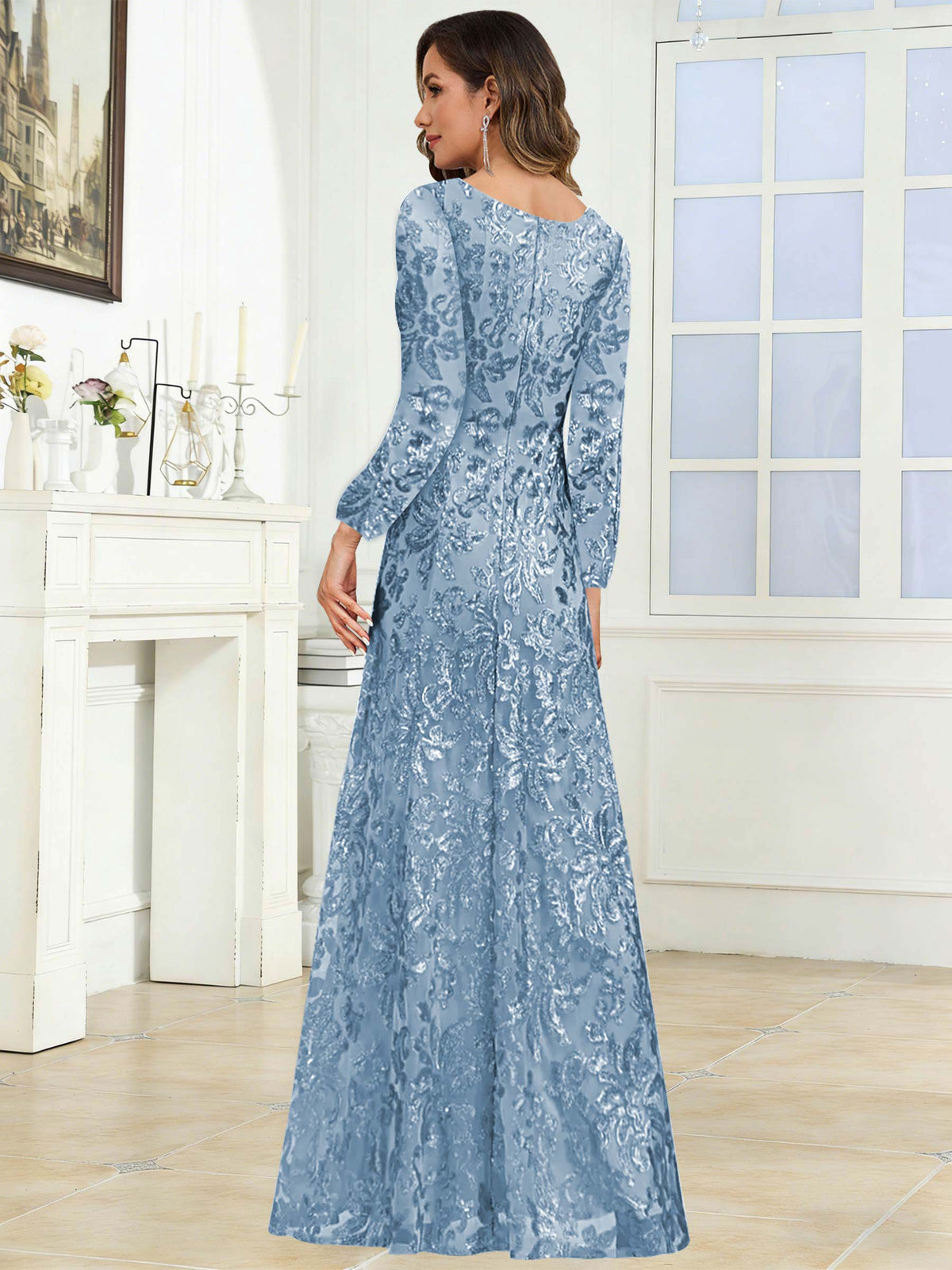 Crew Neck Sequin Lace Long Sleeve Mother of the Bride Dress