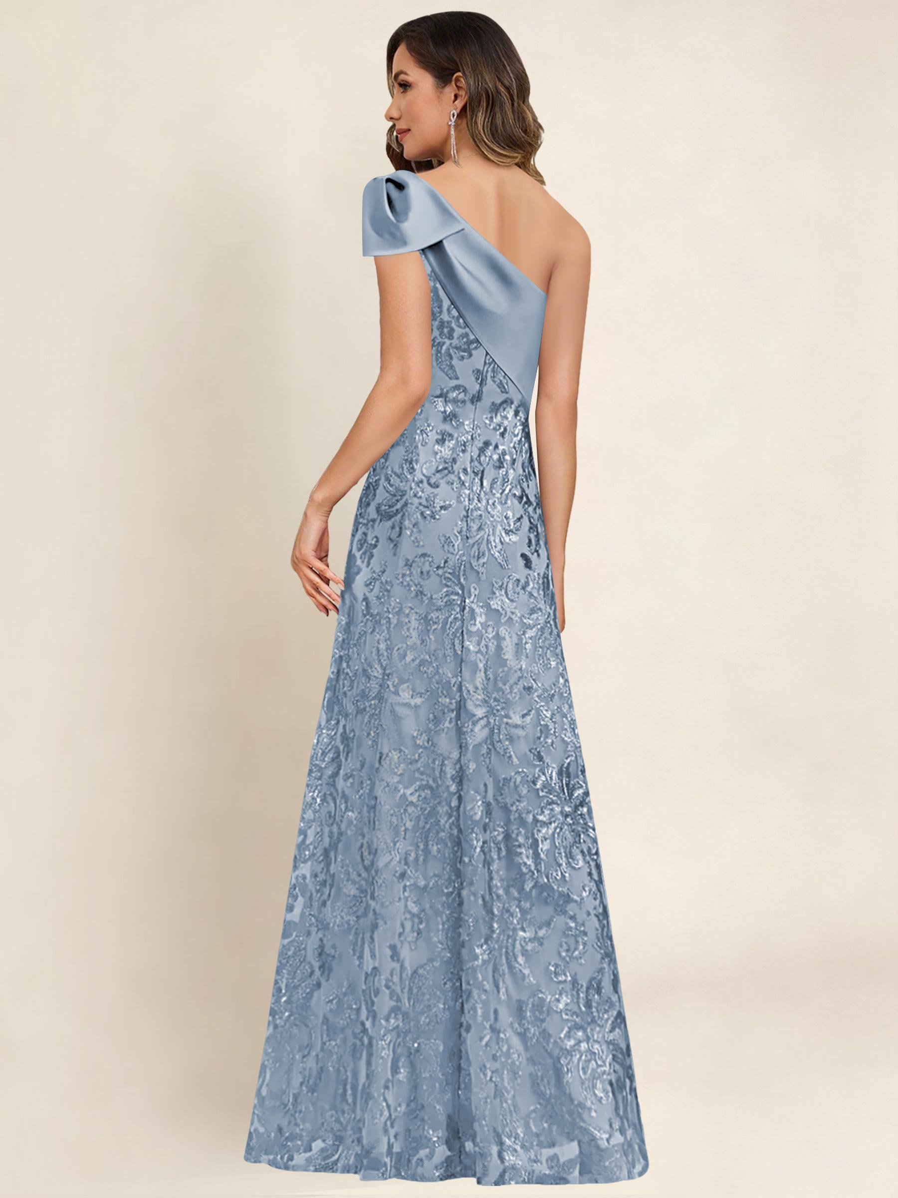 ROVDESY One Shoulder Sequin Mermaid Long Mother Of The Bride Dress Formal Gown With Bow