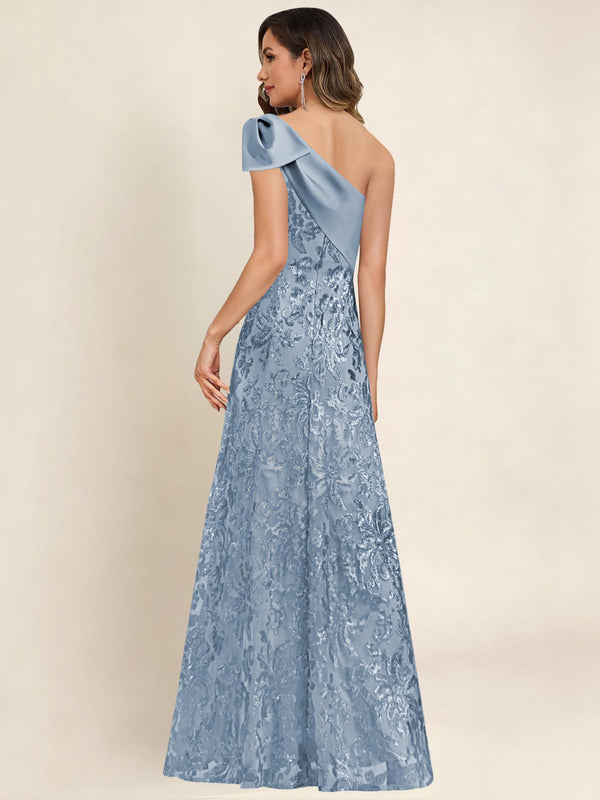 One Shoulder Sequin Mermaid Long Mother Of The Bride Dress Formal Gown With Bow