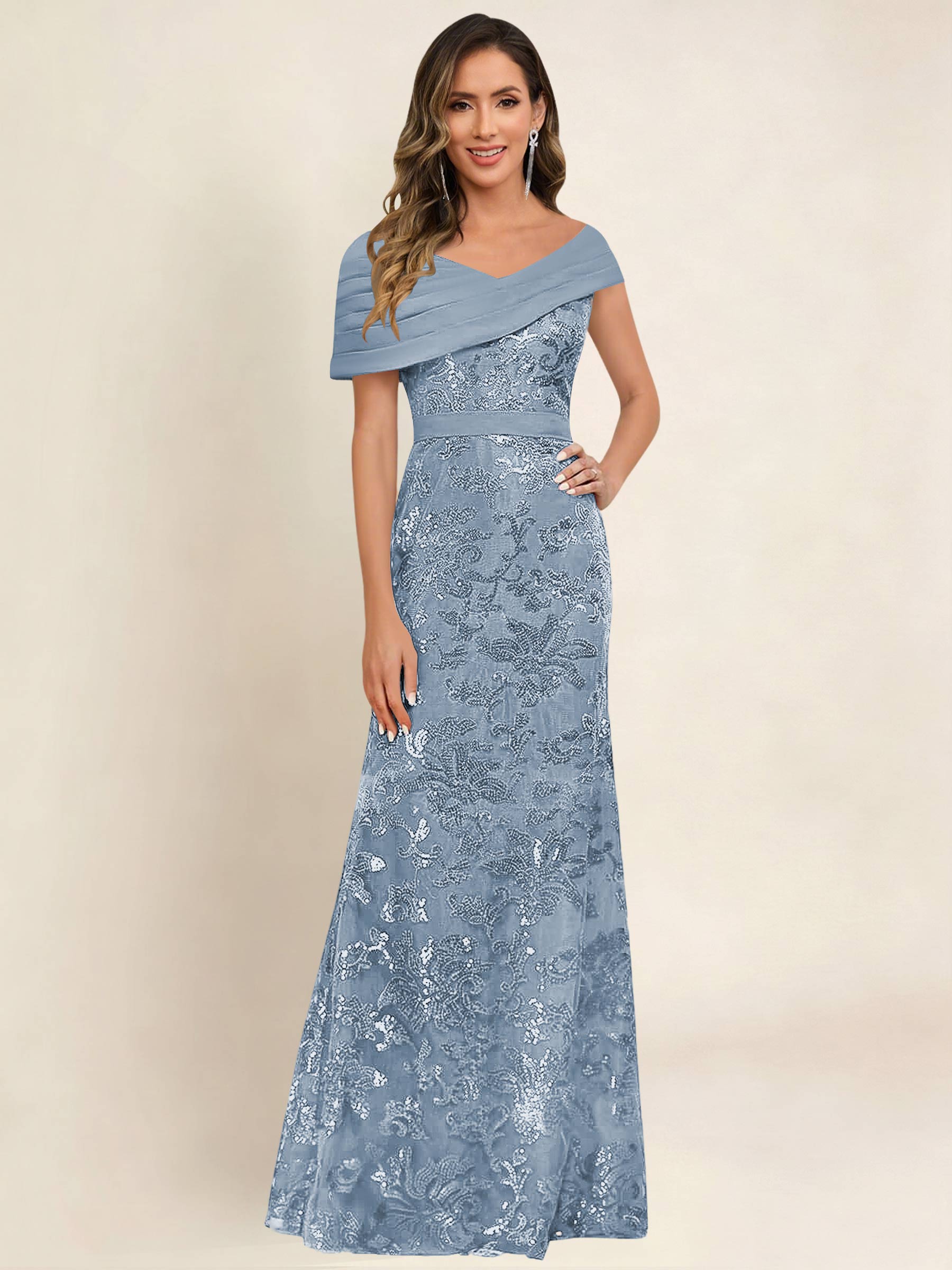 ROVDESY Off the Shoulder Sequin Mermaid Long Mother Of The Bride Dress Formal Gown