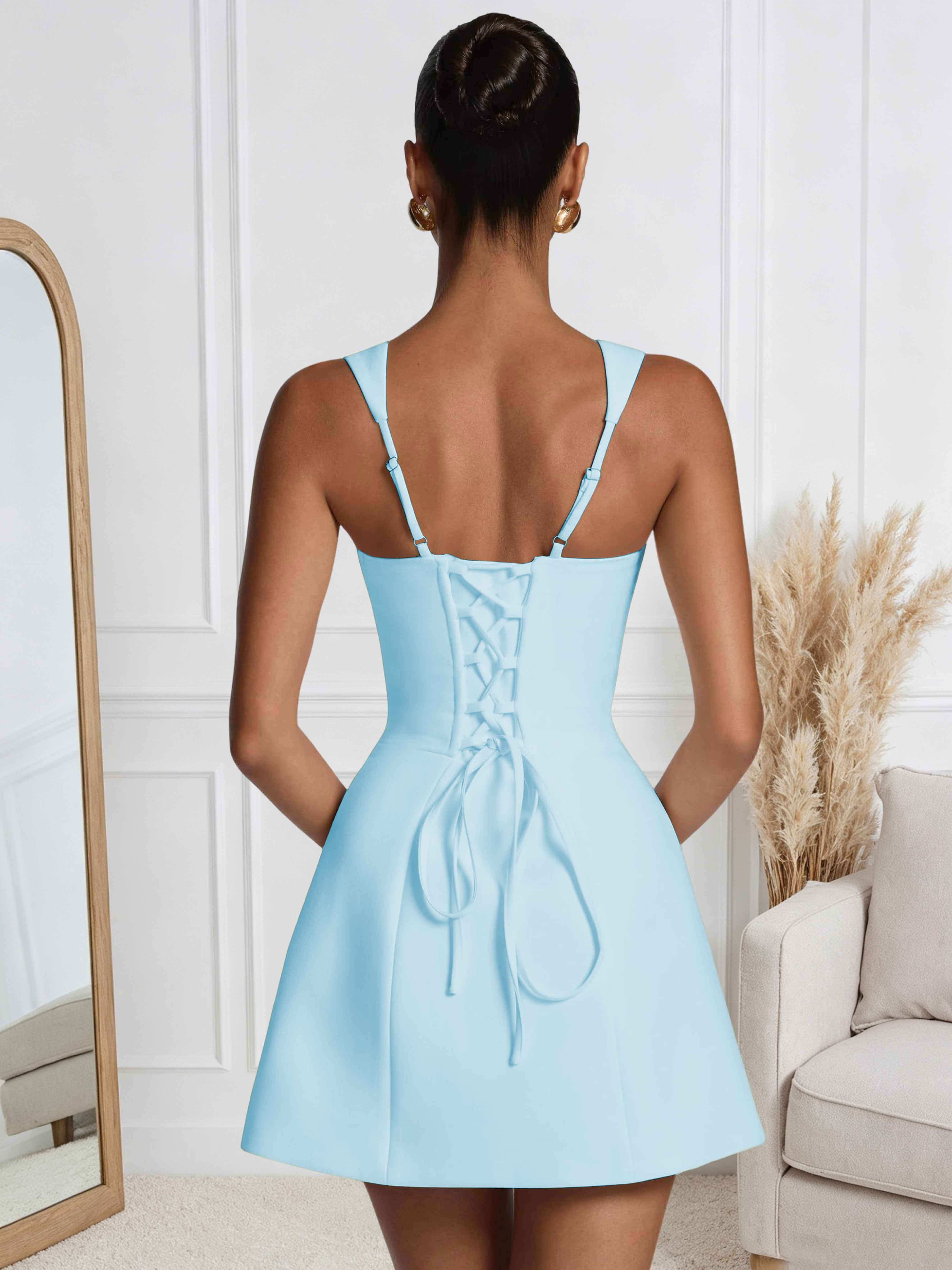 ROVDESY A-Line Square Neck Satin Homecoming Mini Dress
