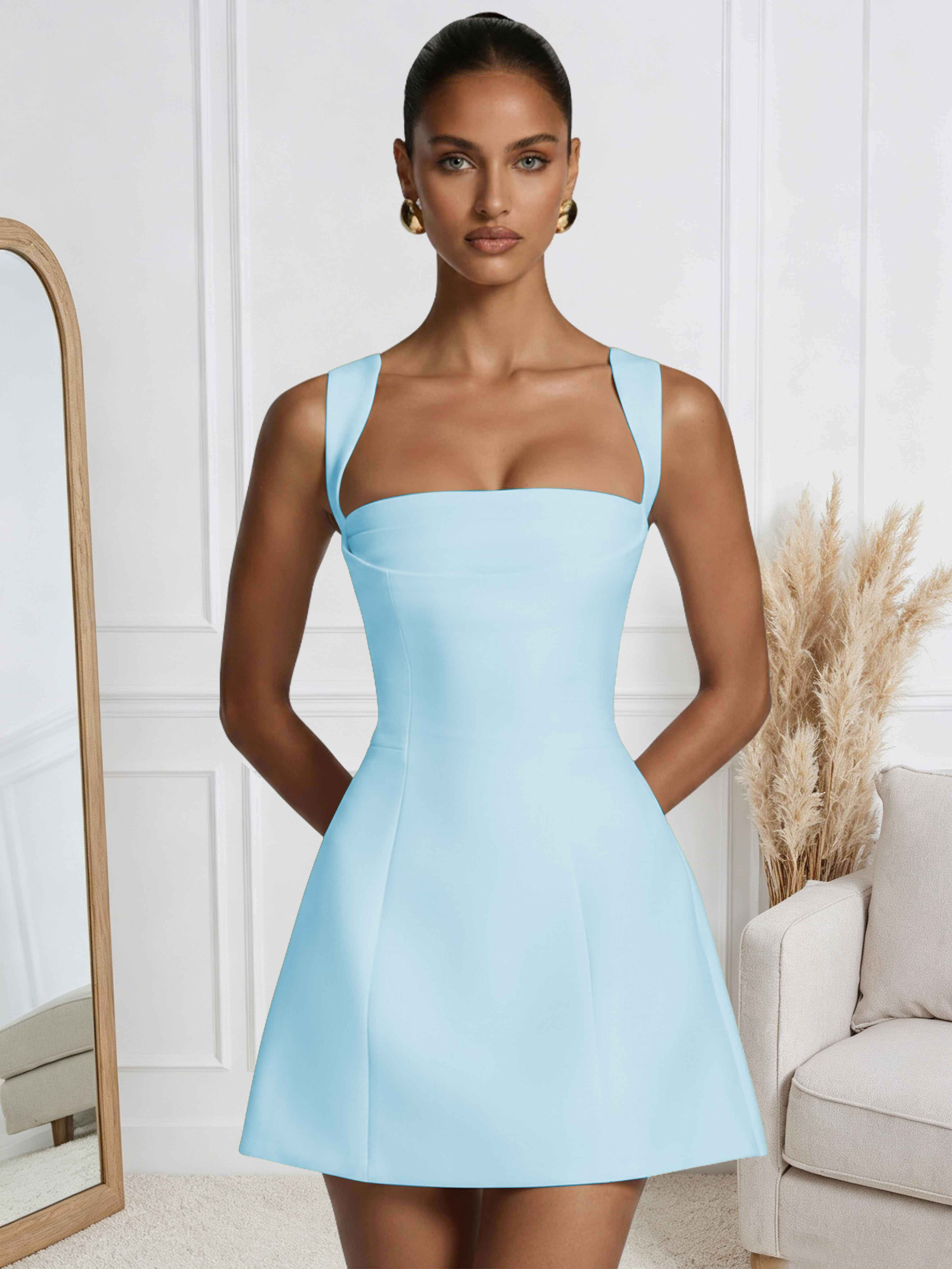 ROVDESY A-Line Square Neck Satin Homecoming Mini Dress