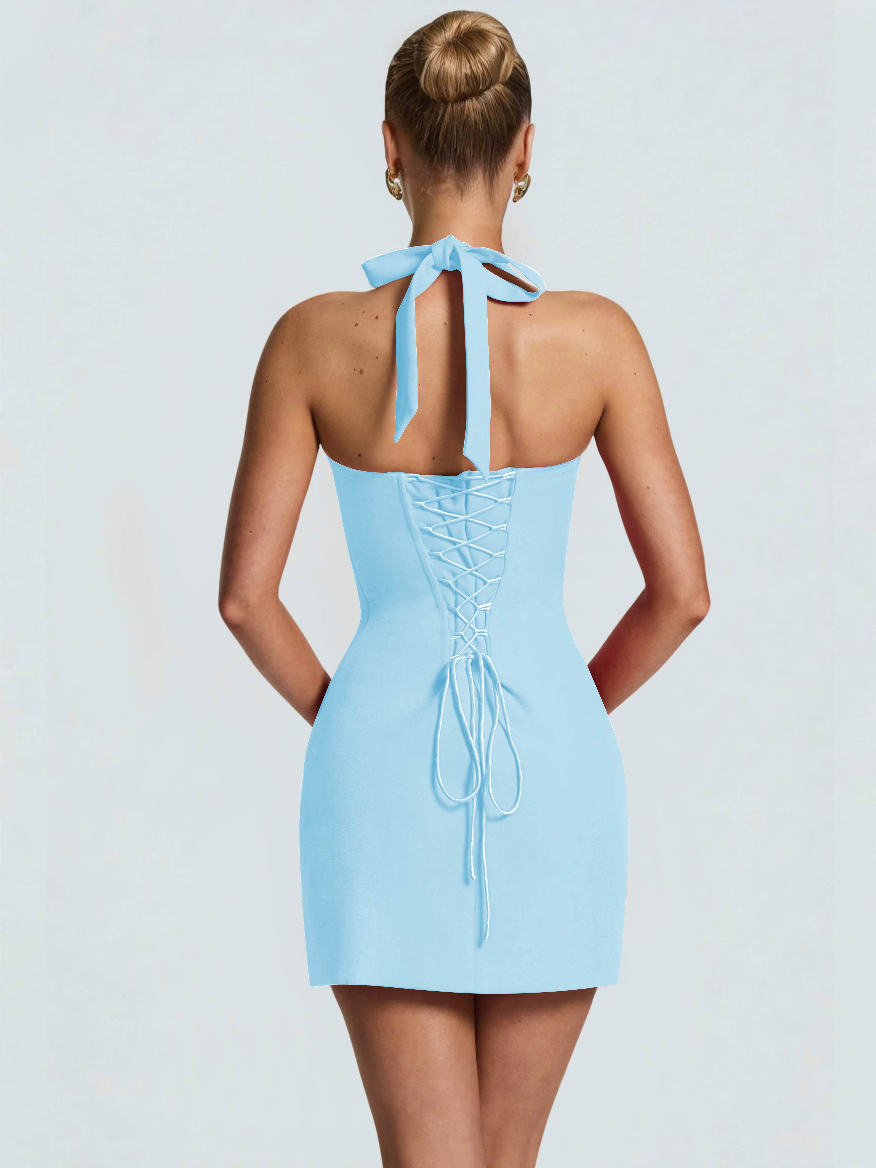 ROVDESY Halter Lace Satin Tight Homecoming Mini Dress