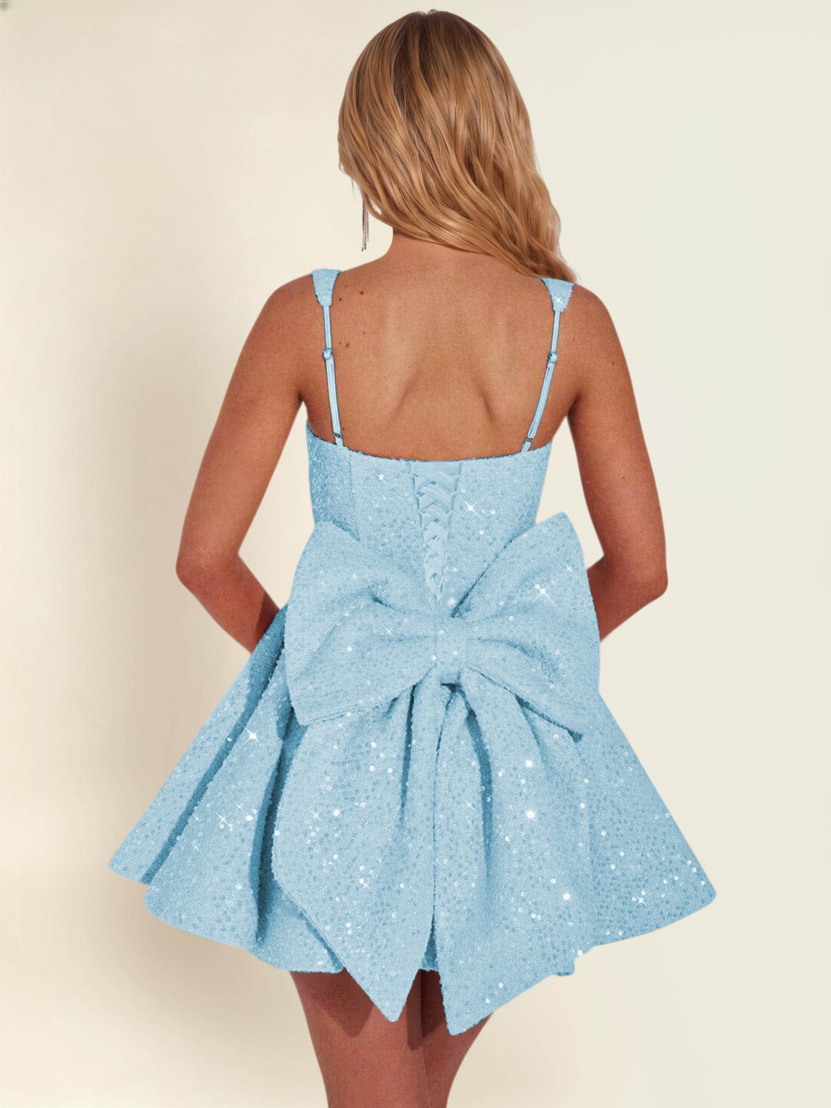 ROVDESY Sparkly Sequin A-Line Square Neck Homecoming Mini Dress With Big Bow