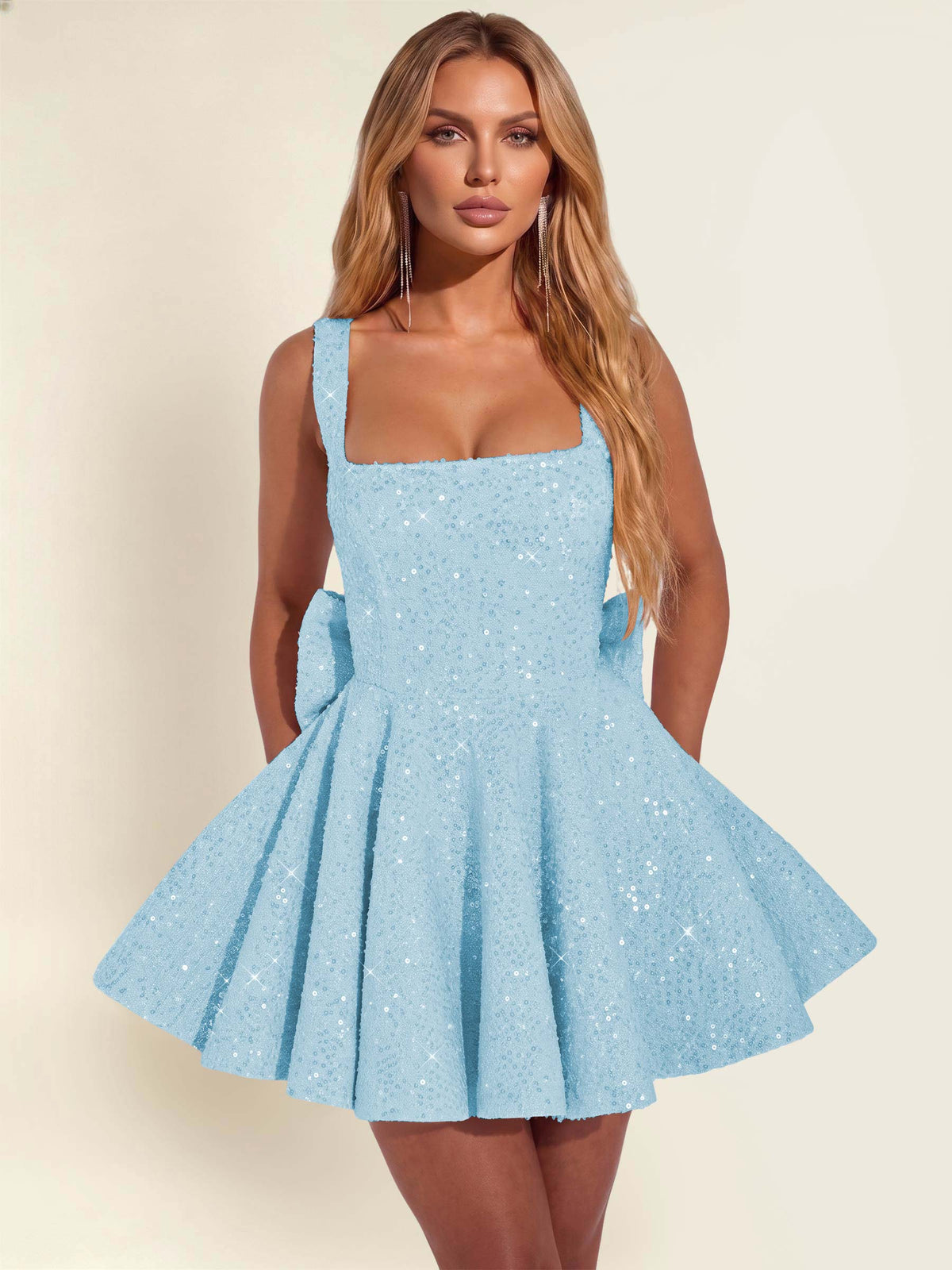ROVDESY Sparkly Sequin A-Line Square Neck Homecoming Mini Dress With Big Bow