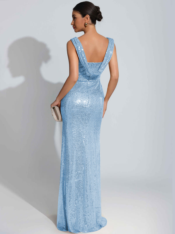 Sparkly Bateau Mermaid Ruched Sequin Long Formal Dress with Slit