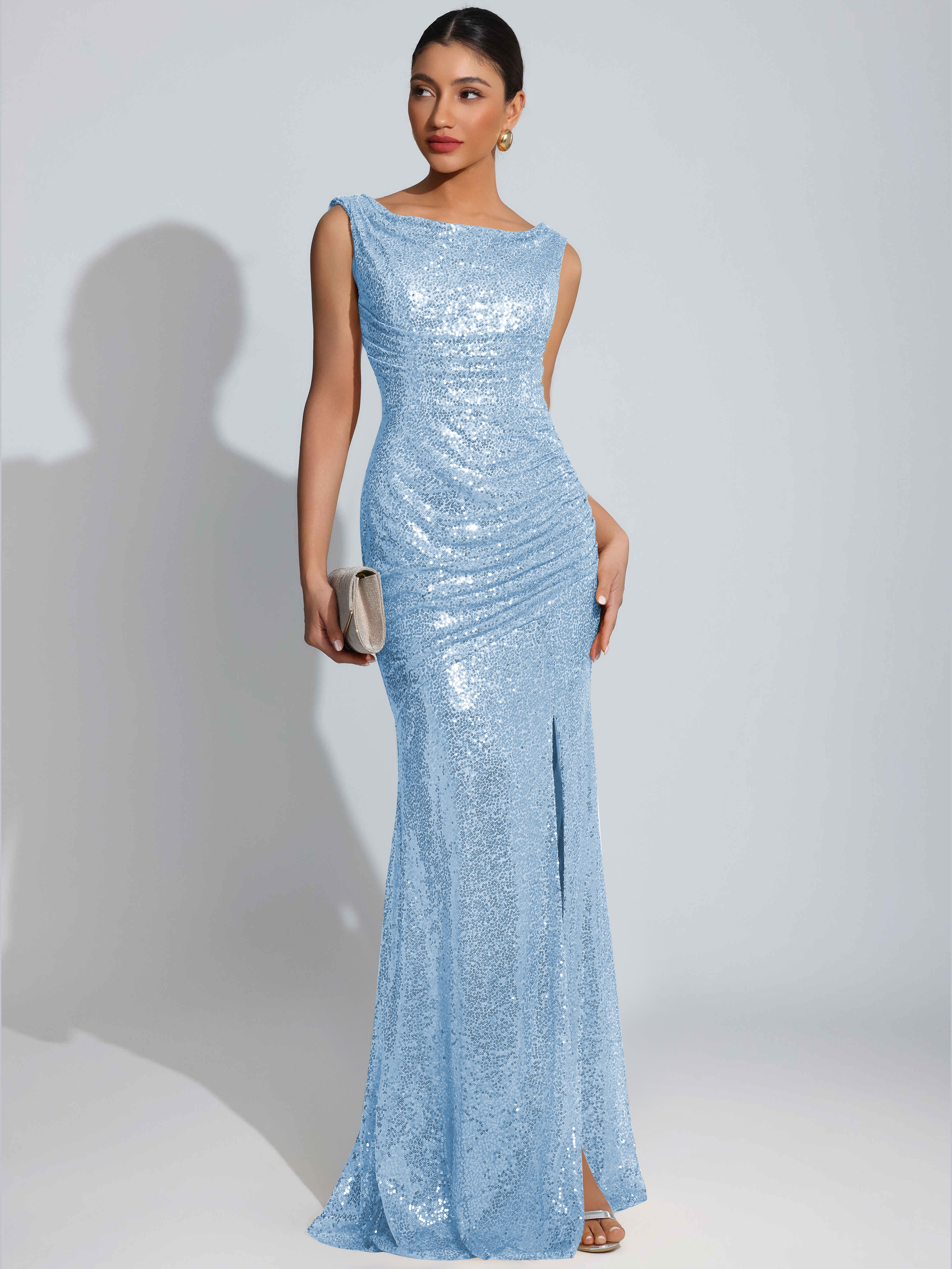 ROVDESY Sparkly Bateau Mermaid Ruched Sequin Long Prom Dress with Slit