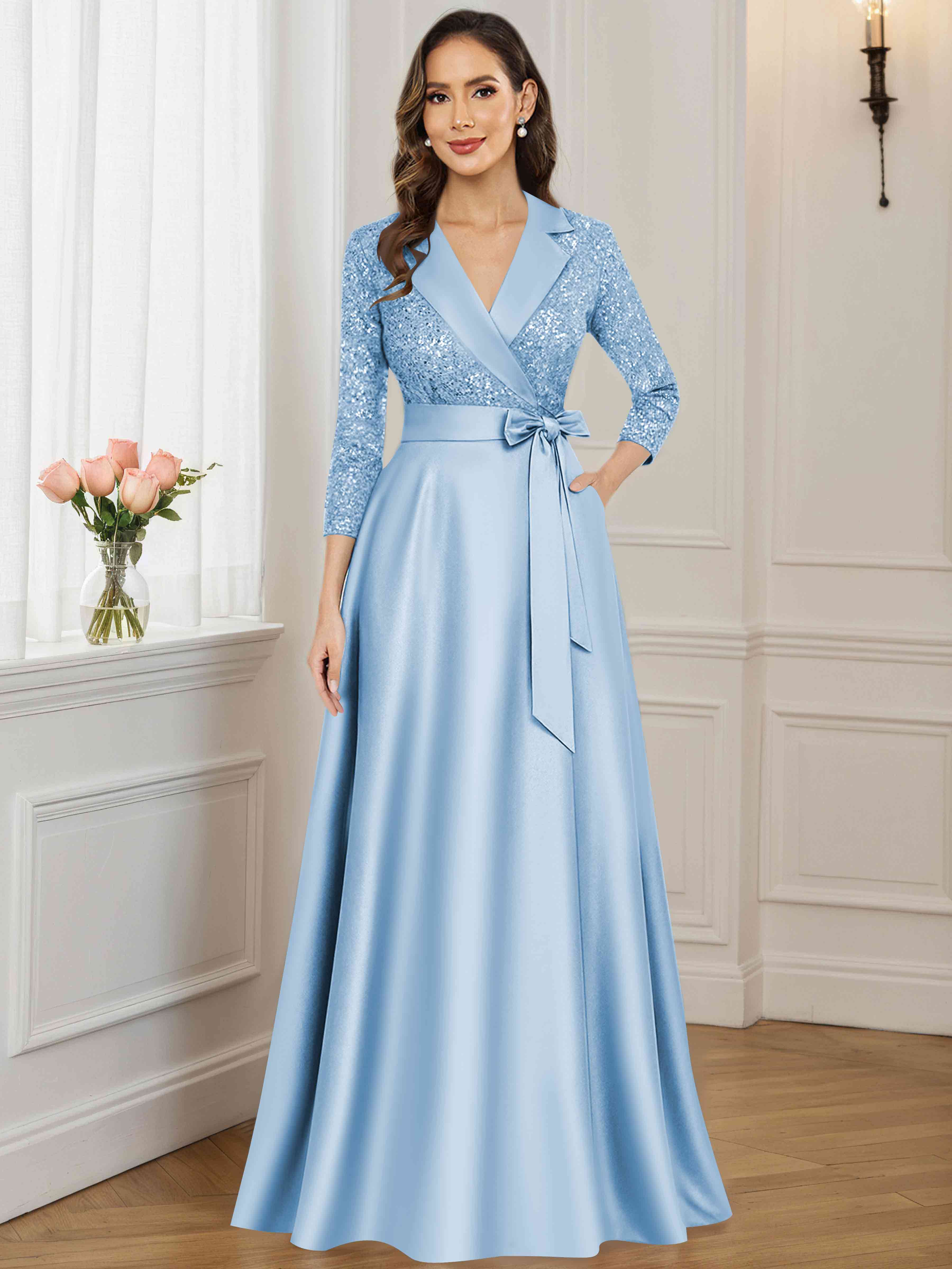 ROVDESY A-Line V Neck Sequin Satin  Long Mother of The Bride Dress Formal Gown With 3/4 Sleeves