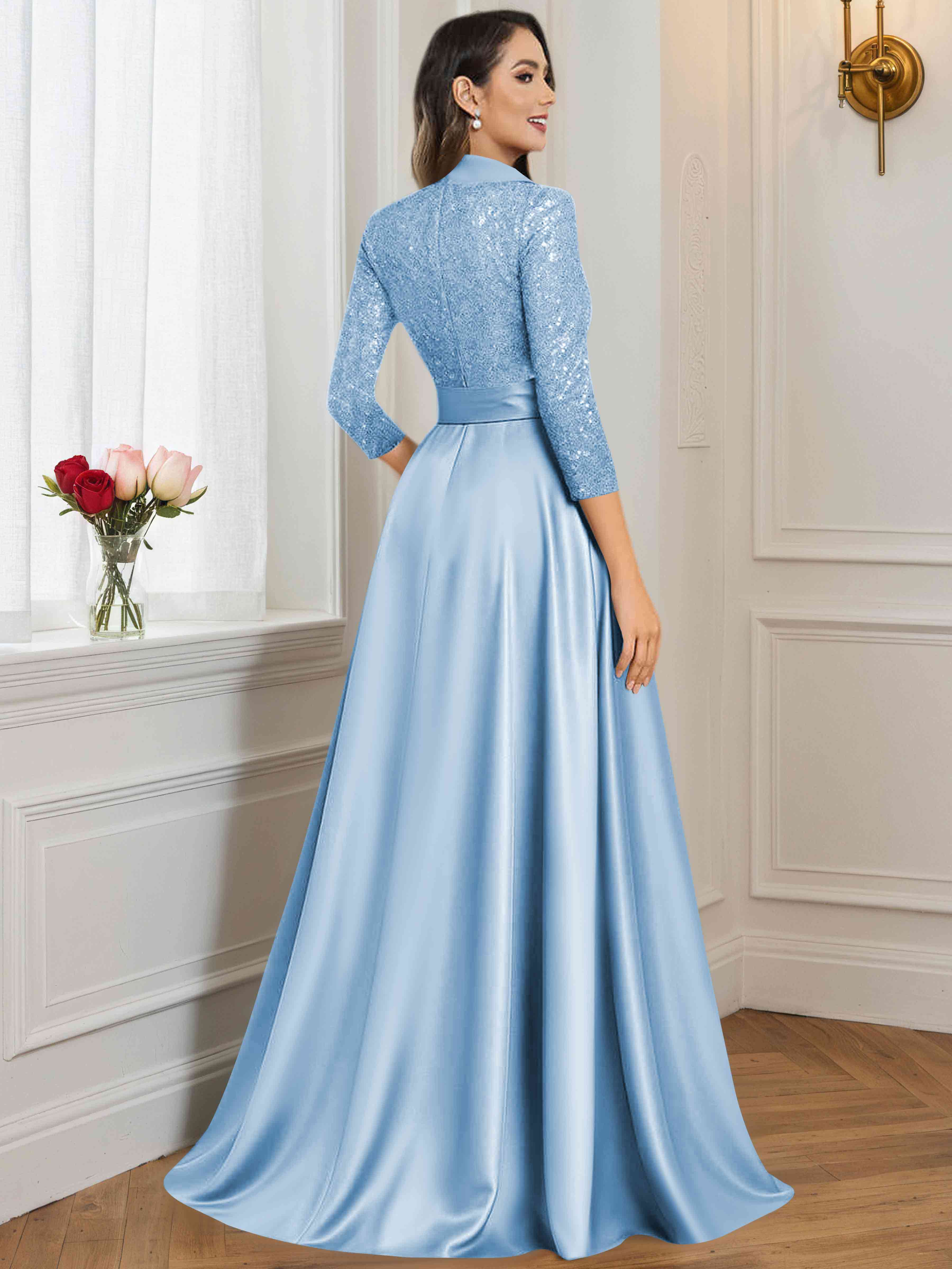 ROVDESY A-Line V Neck Sequin Satin  Long Mother of The Bride Dress Formal Gown With 3/4 Sleeves