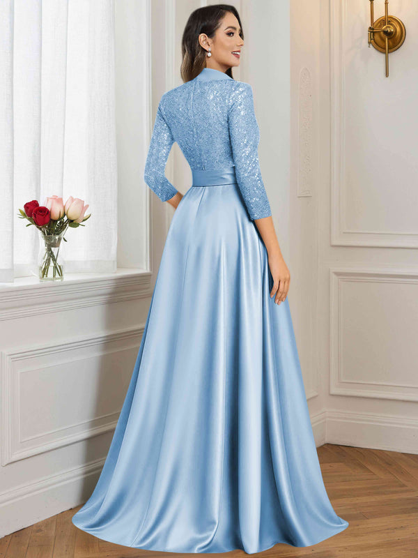 A-Line V Neck Sequin Satin  Long Mother of The Bride Dress Formal Gown With 3/4 Sleeves