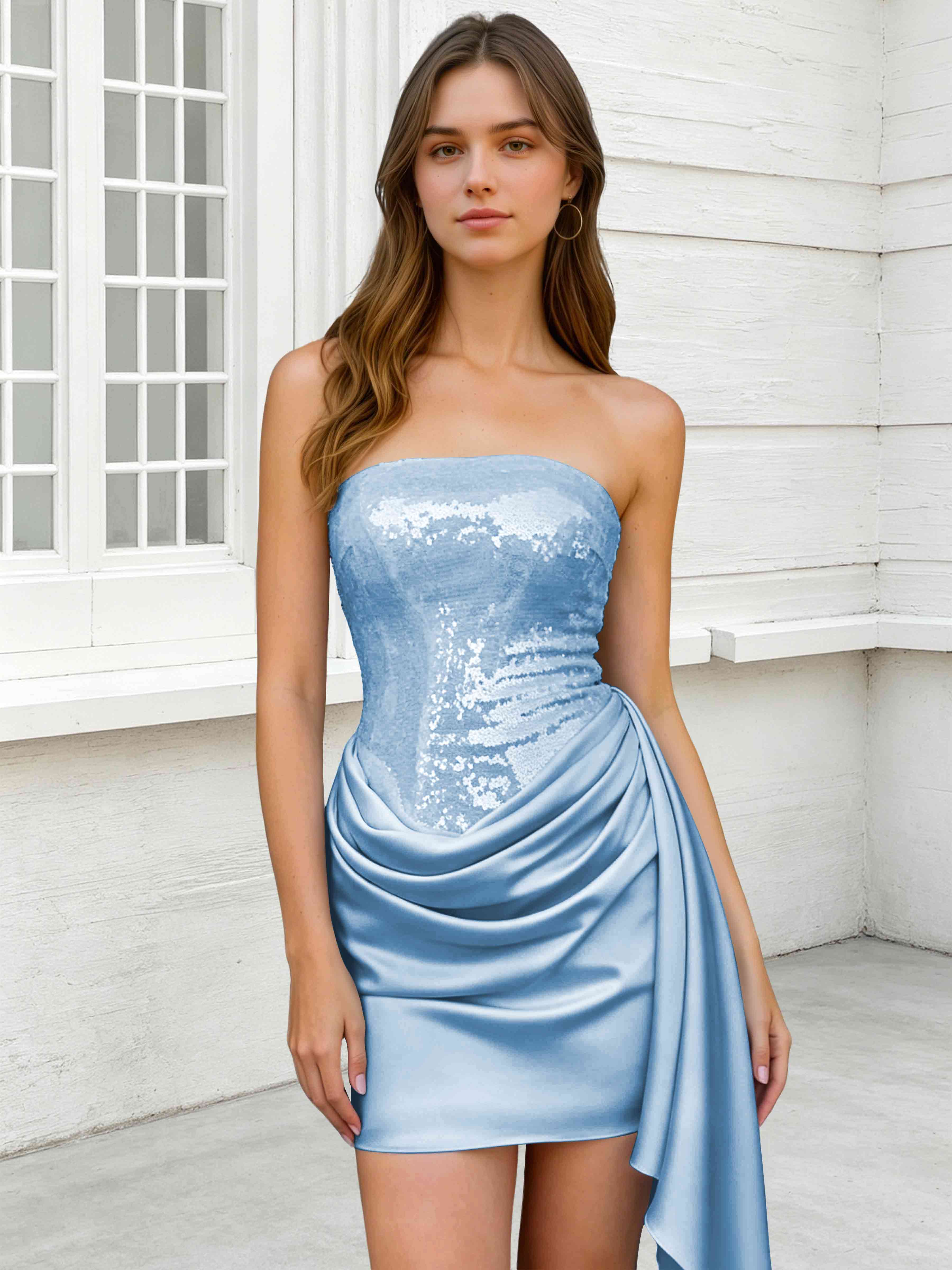 ROVDES Strapless Sequin Satin Tight Homecoming Mini Dress With Side Sash