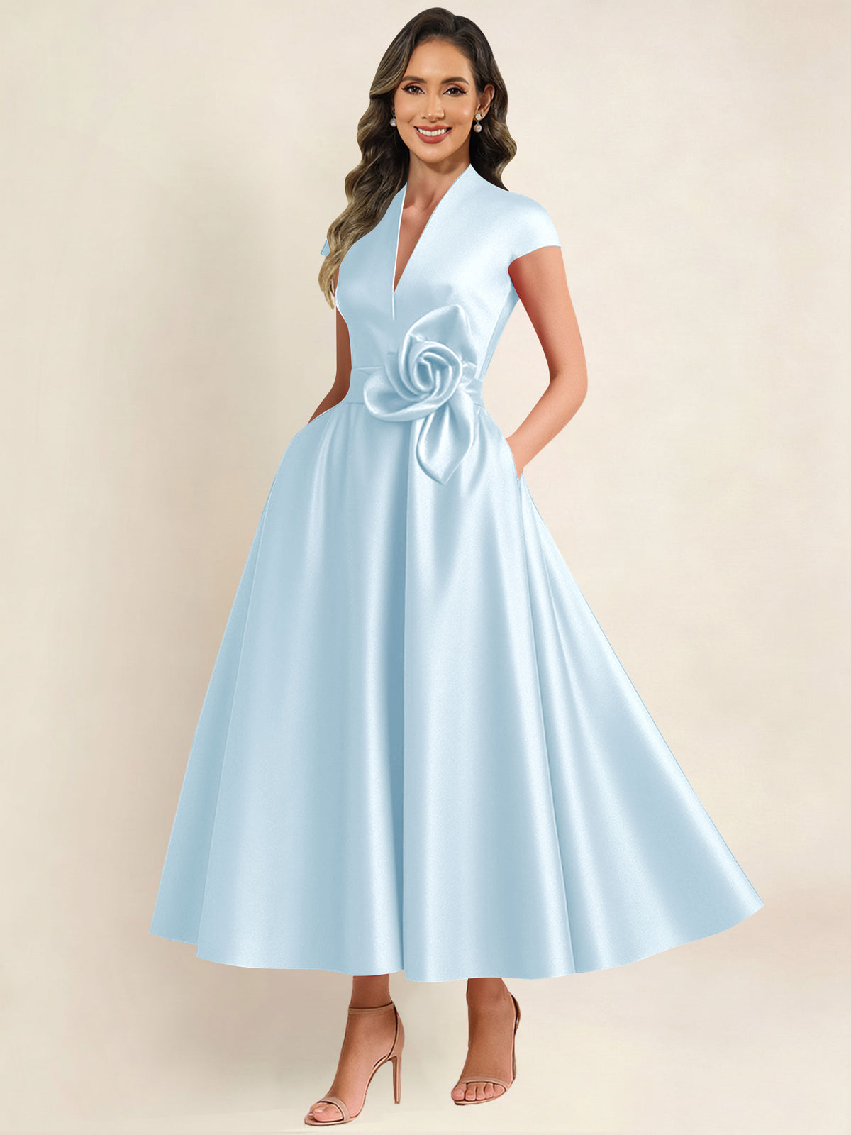 A Line V Neck 3D Flower Satin Mother of the Bride Dress