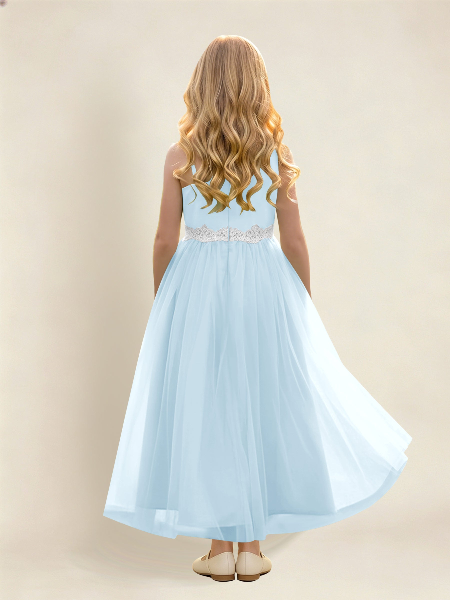 ROVDESY Asymmetric One Shoulder  Satin  Tulle Junior Bridesmaid Dress