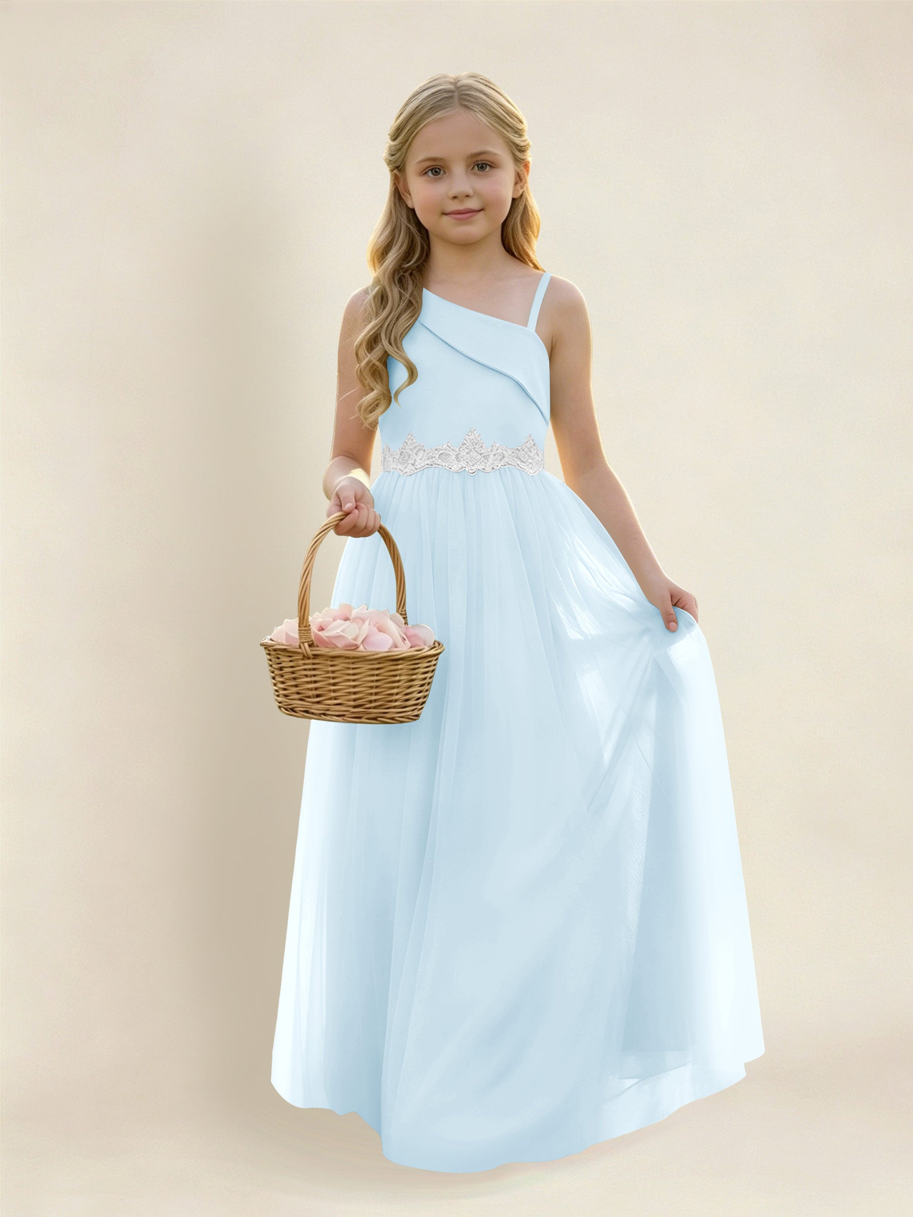 ROVDESY Asymmetric One Shoulder  Satin  Tulle Junior Bridesmaid Dress