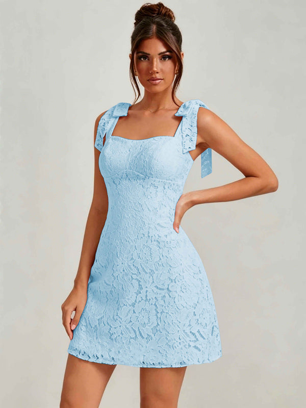 Bow Tie Spaghetti Strap A-Line  Floral Lace Mini Dress