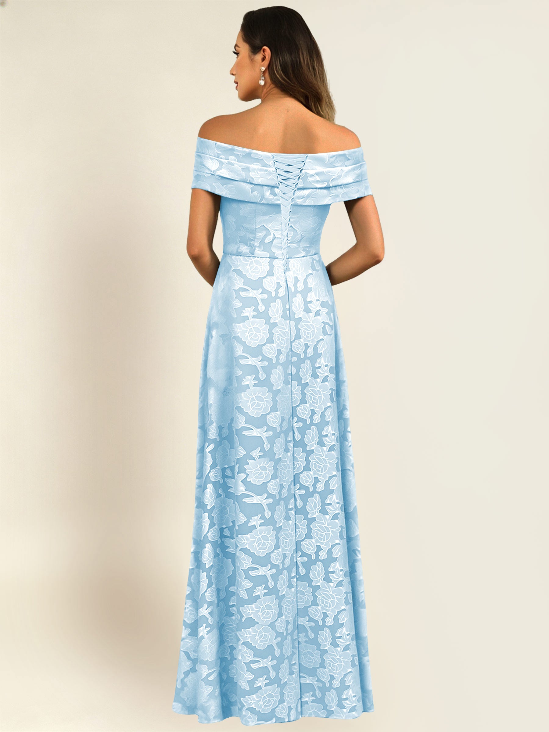 ROVDESY Off the Shoulder Floral Jacquard A-Line Long Mother of the Bride Dress