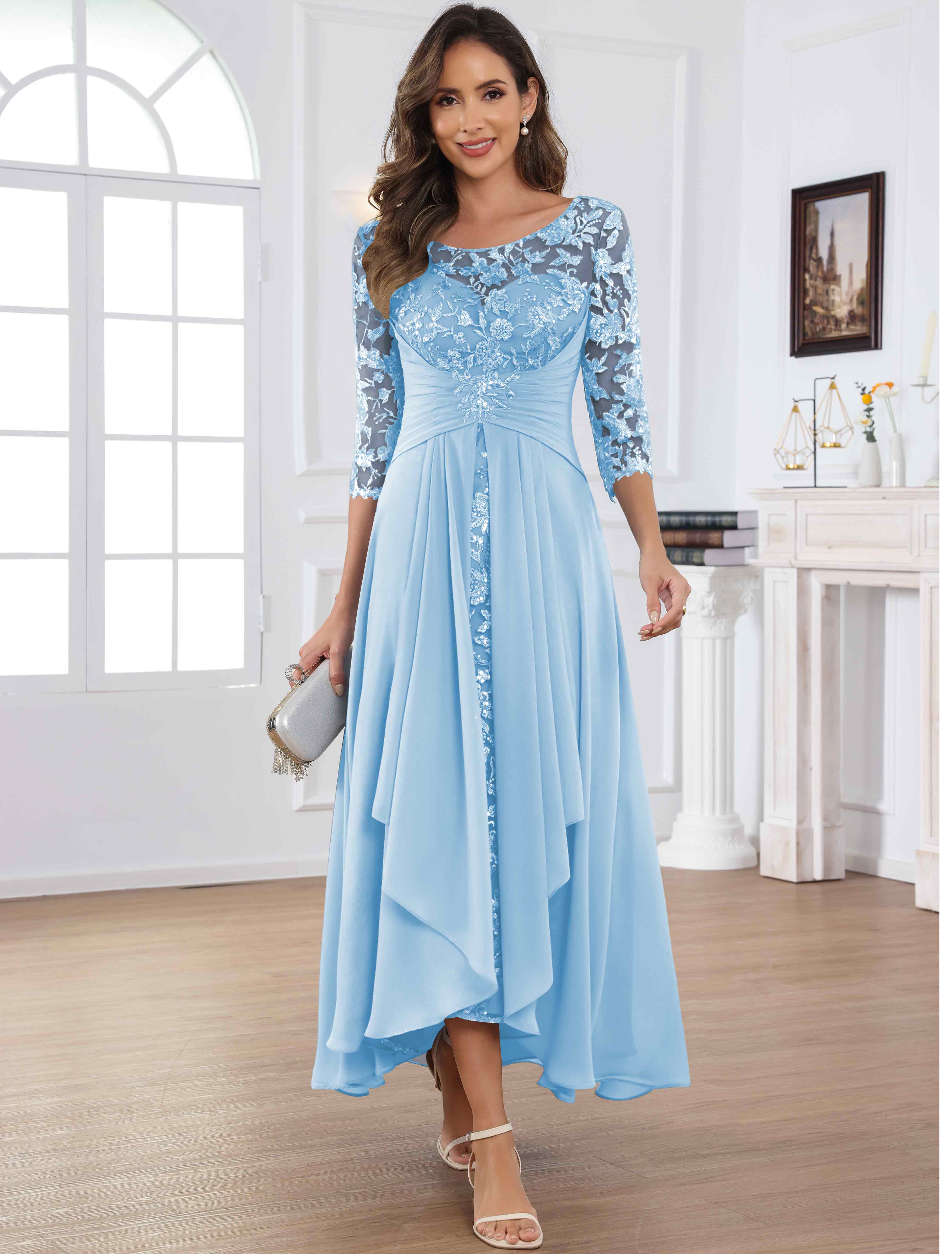 ROVDESY Tea Length Lace Chiffon Mother of The Bride Dress with 3/4 Sleeves
