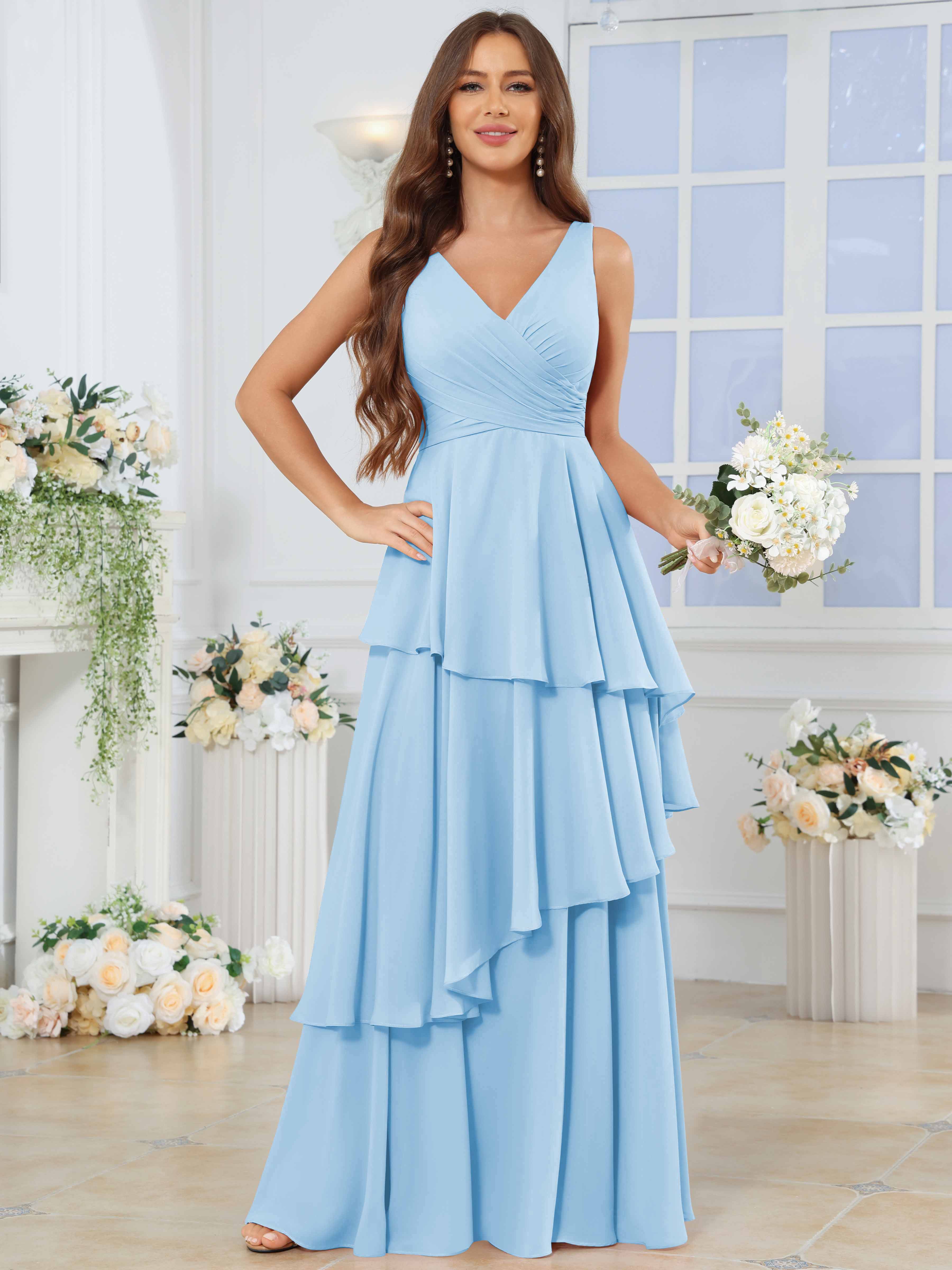 ROVDESY Long Sleeveless V-Neck Tiered Pleated Chiffon Bridesmaid Dress