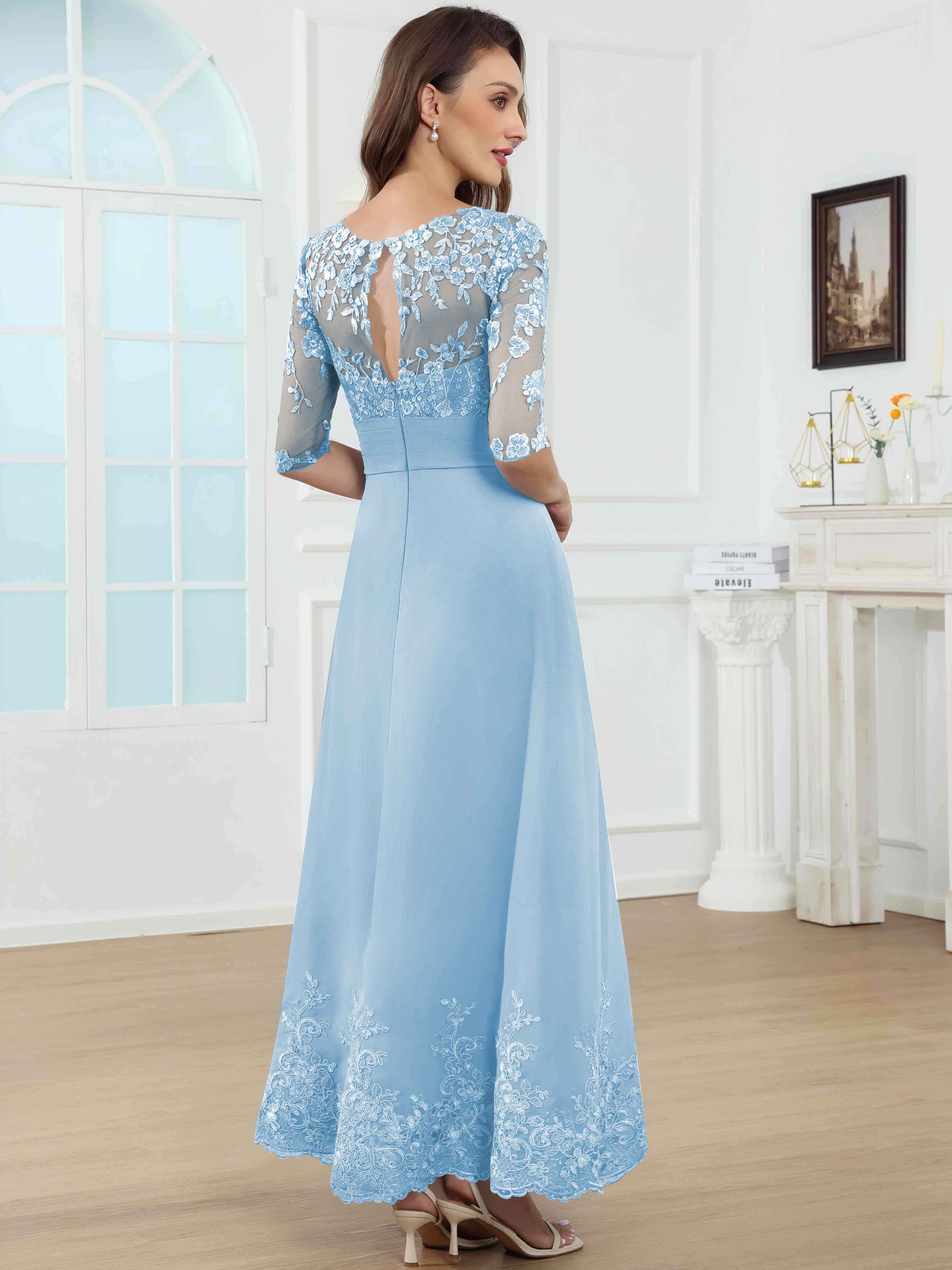 ROVDESY A-Line Lace Sequin Pleated Chiffon Mother Of The Bride Dress With Half Sleeves