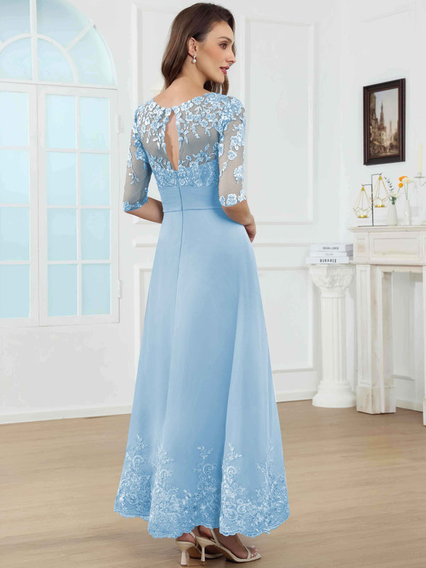A-Line Lace Sequin Pleated Chiffon Mother Of The Bride Dress With Half Sleeves