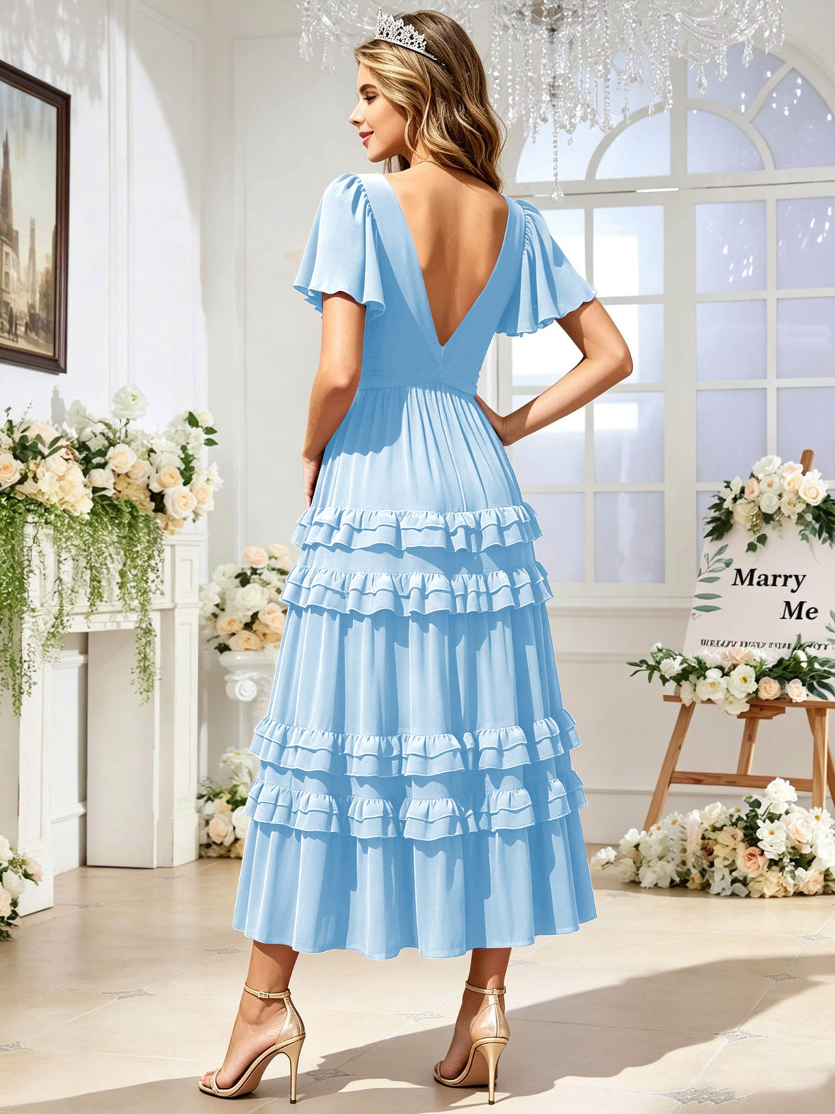 A Line Chiffon Pleated Bridesmaid Dress with Sleeves
