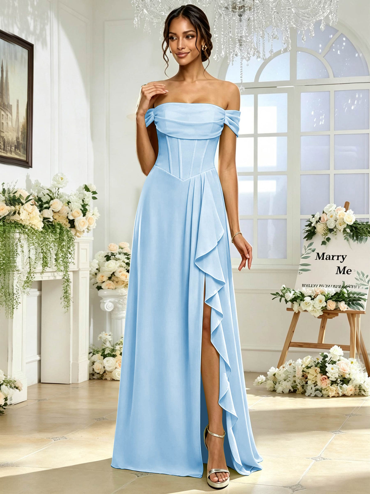 Off the Shoulder Chiffon A Line Long Bridesmaid Dress with Slit