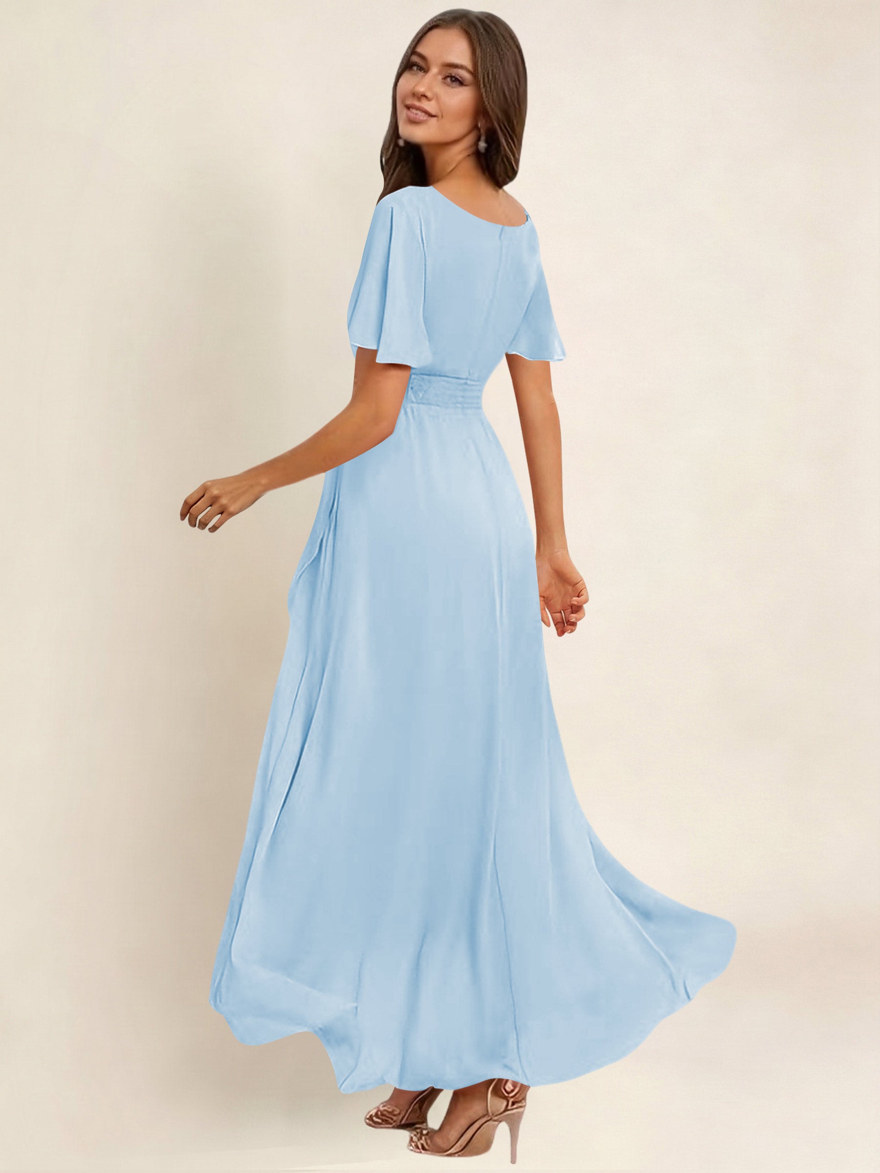 ROVDESY A-Line High Low Round Neck Pleated Ruffle Chiffon Bridesmaid Dress With Short Sleeves