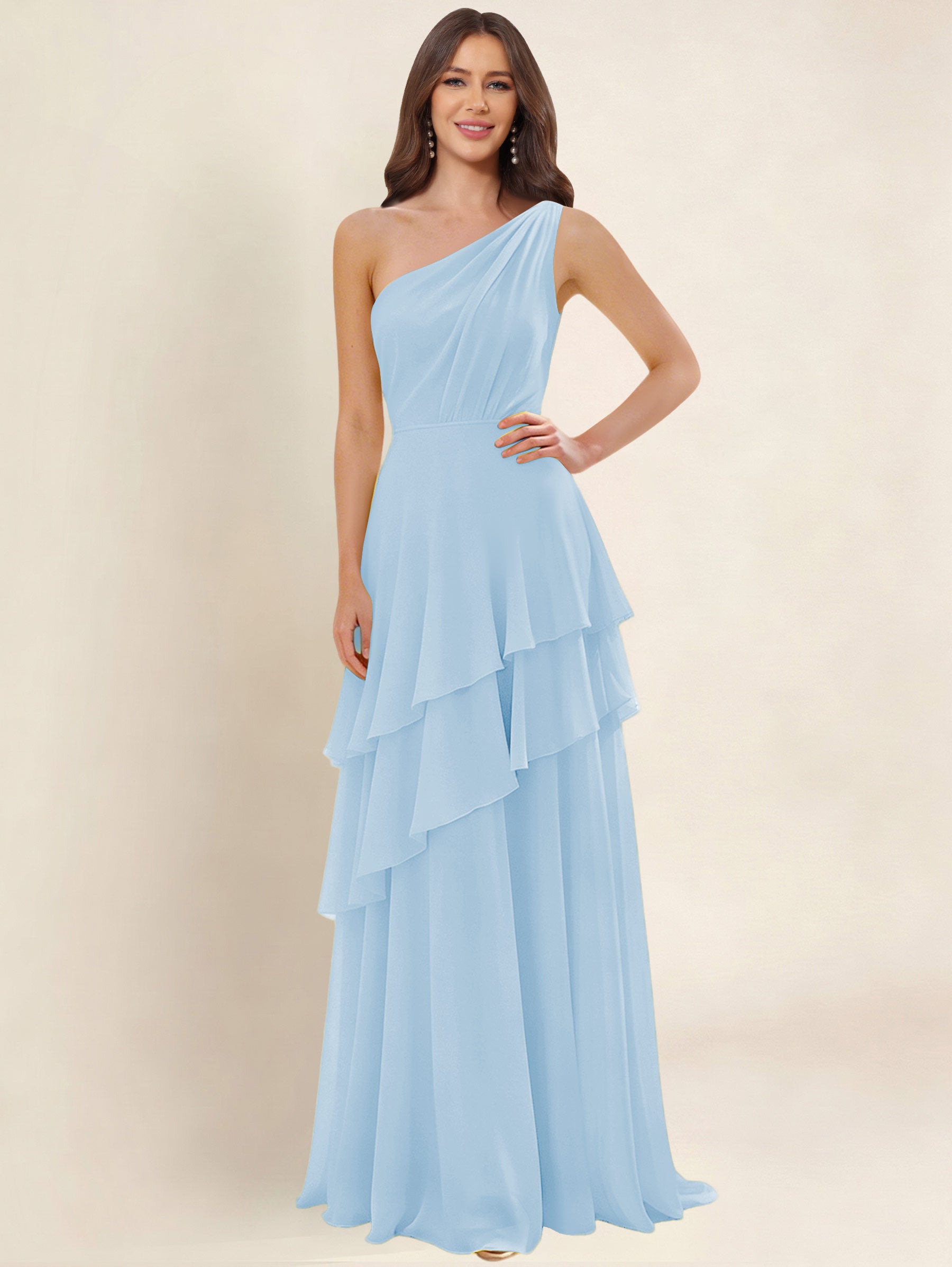ROVDESY A-Line One Shoulder Pleated Tiered Chiffon Bridesmaid Dress