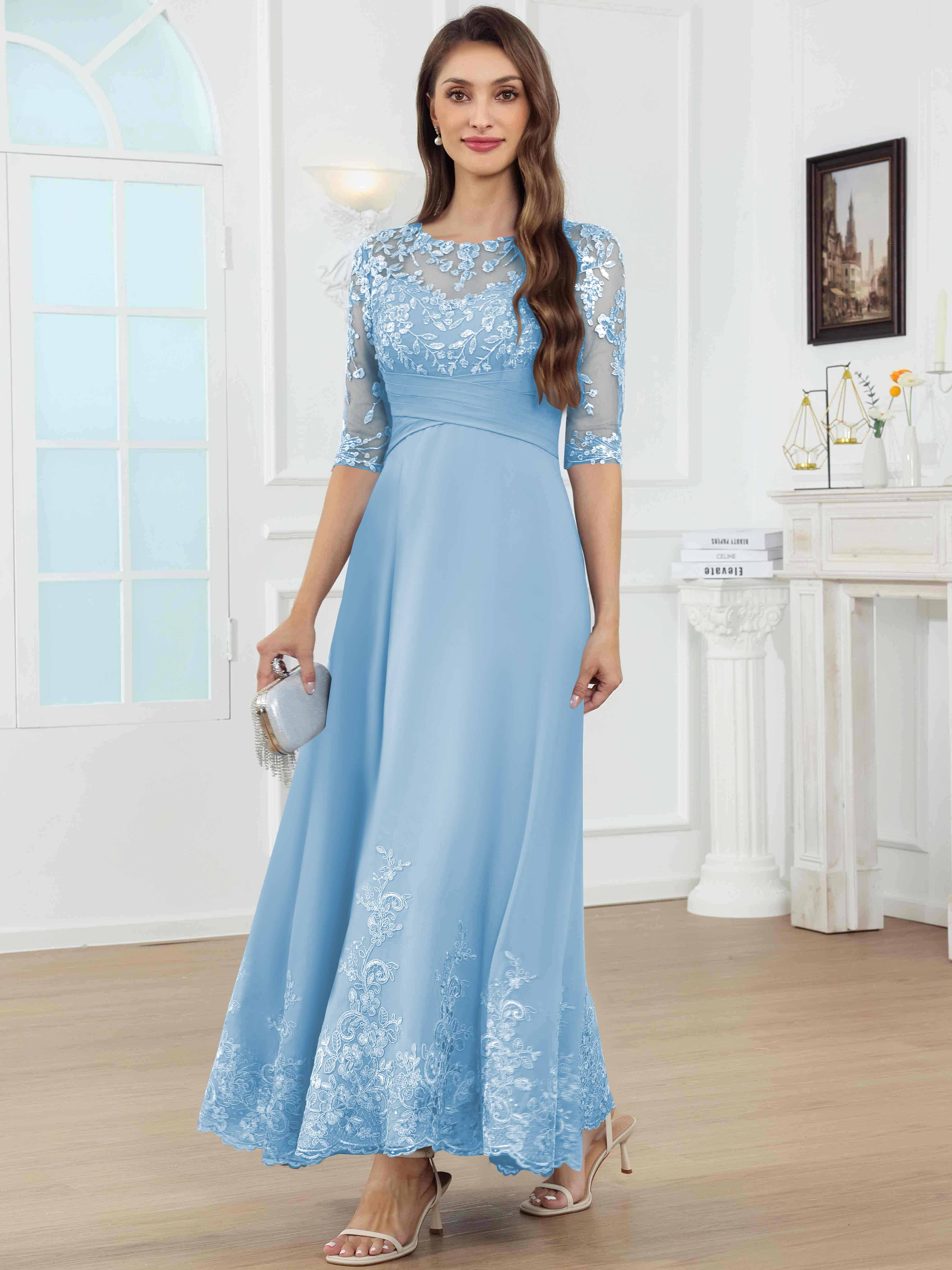ROVDESY A-Line Lace Sequin Pleated Chiffon Mother Of The Bride Dress With Half Sleeves