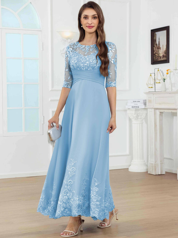 A-Line Lace Sequin Pleated Chiffon Mother Of The Bride Dress With Half Sleeves