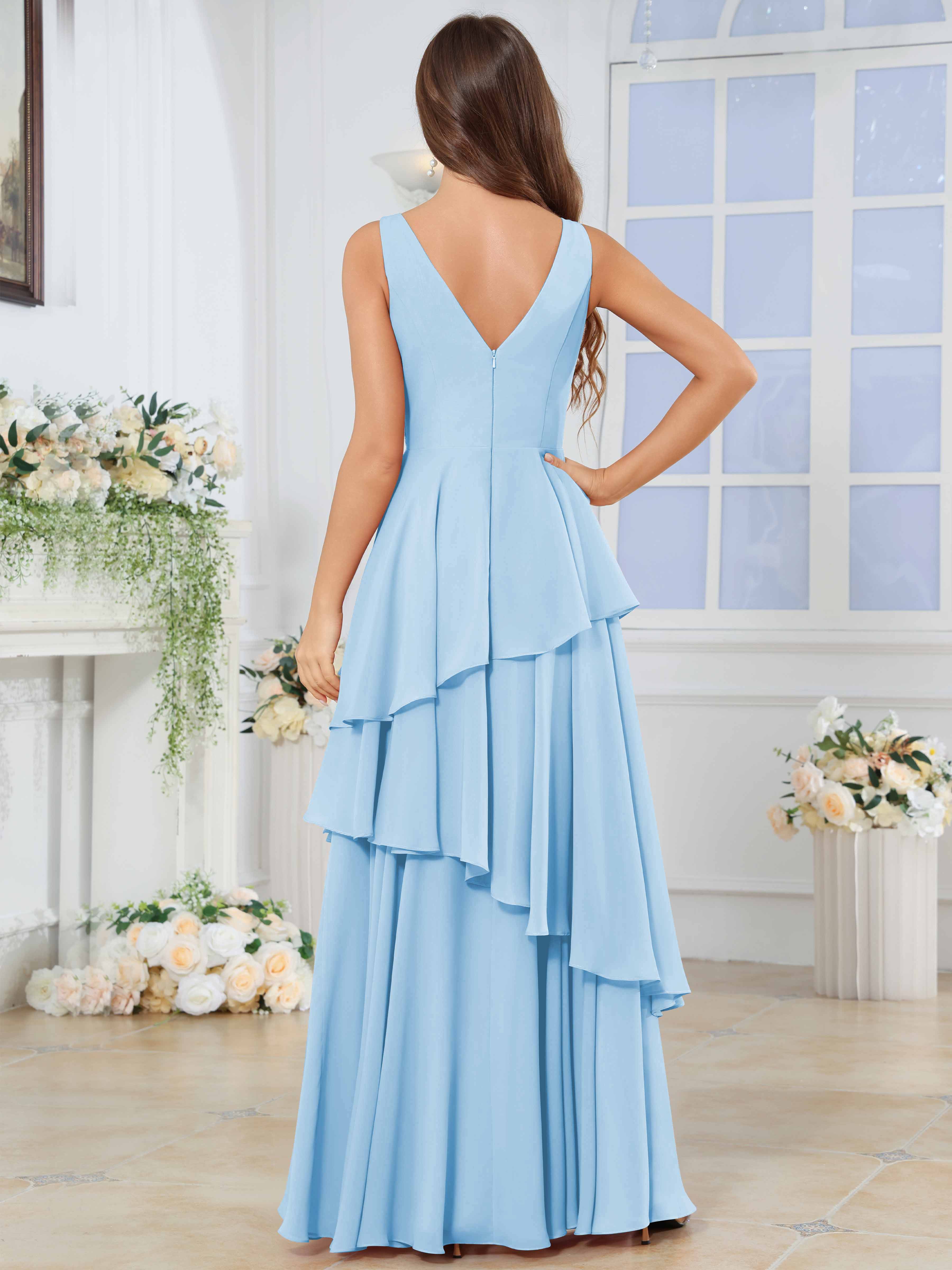 ROVDESY Long Sleeveless V-Neck Tiered Pleated Chiffon Bridesmaid Dress