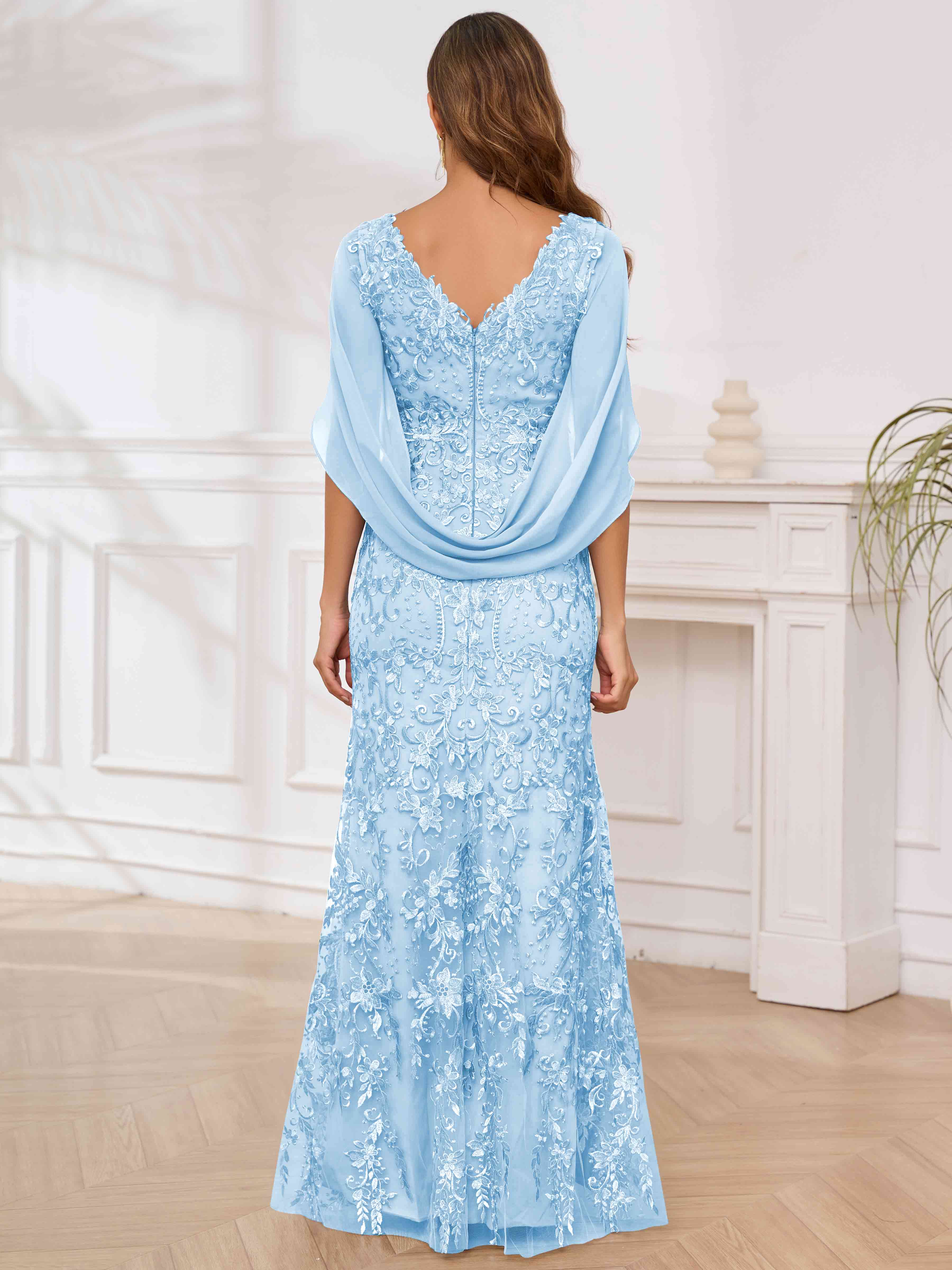 ROVDESY V-Neck Lace Mermaid Mother Of The Bride Dress With Cape Sleeves Long Formal Gown