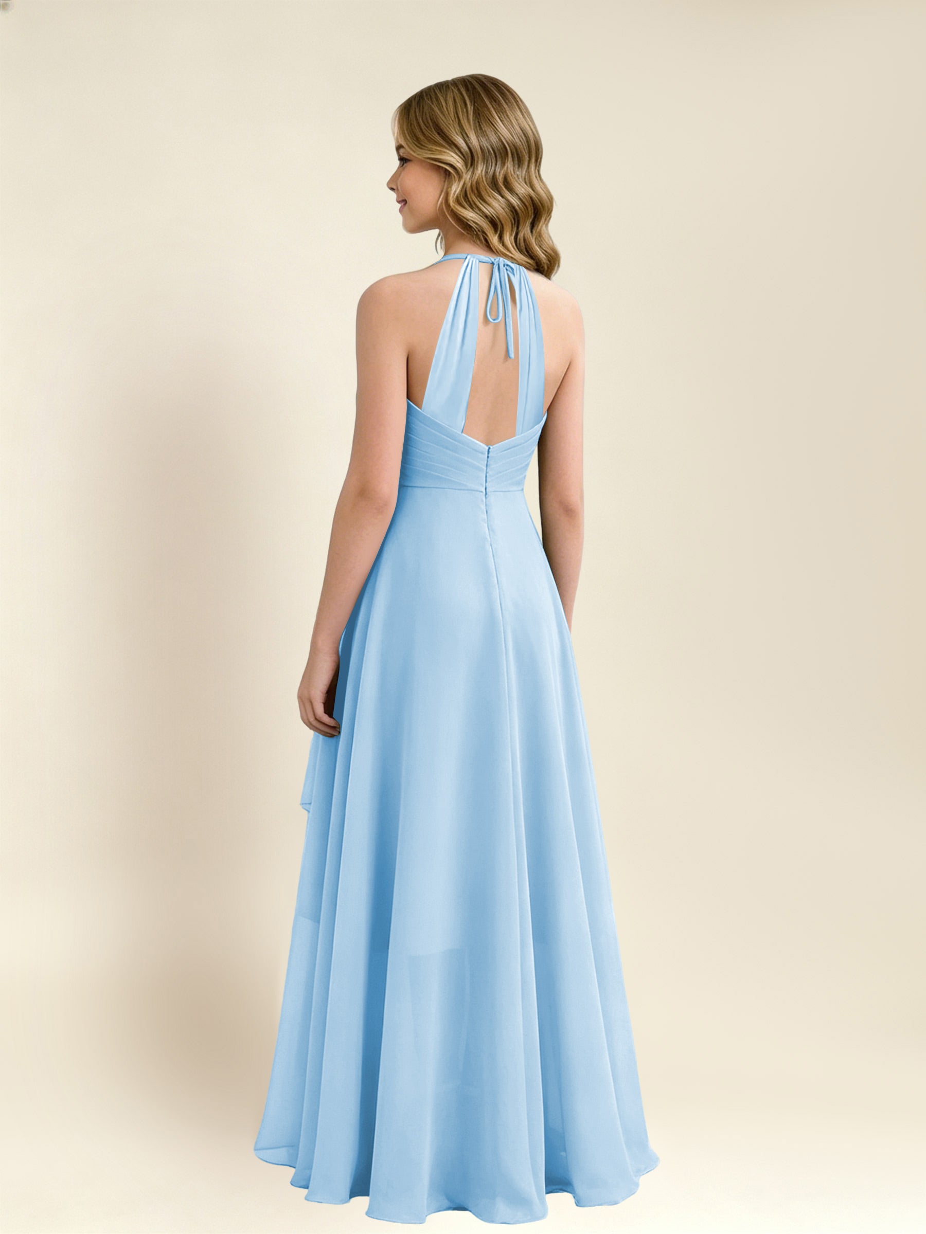 ROVDESY A-Line Halter Pleated Chiffon Junior Bridesmaid Dress