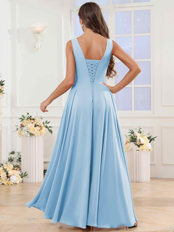V-Neck Pleated Sleeveless Ruffle Chiffon Bridesmaid Dress With Slit