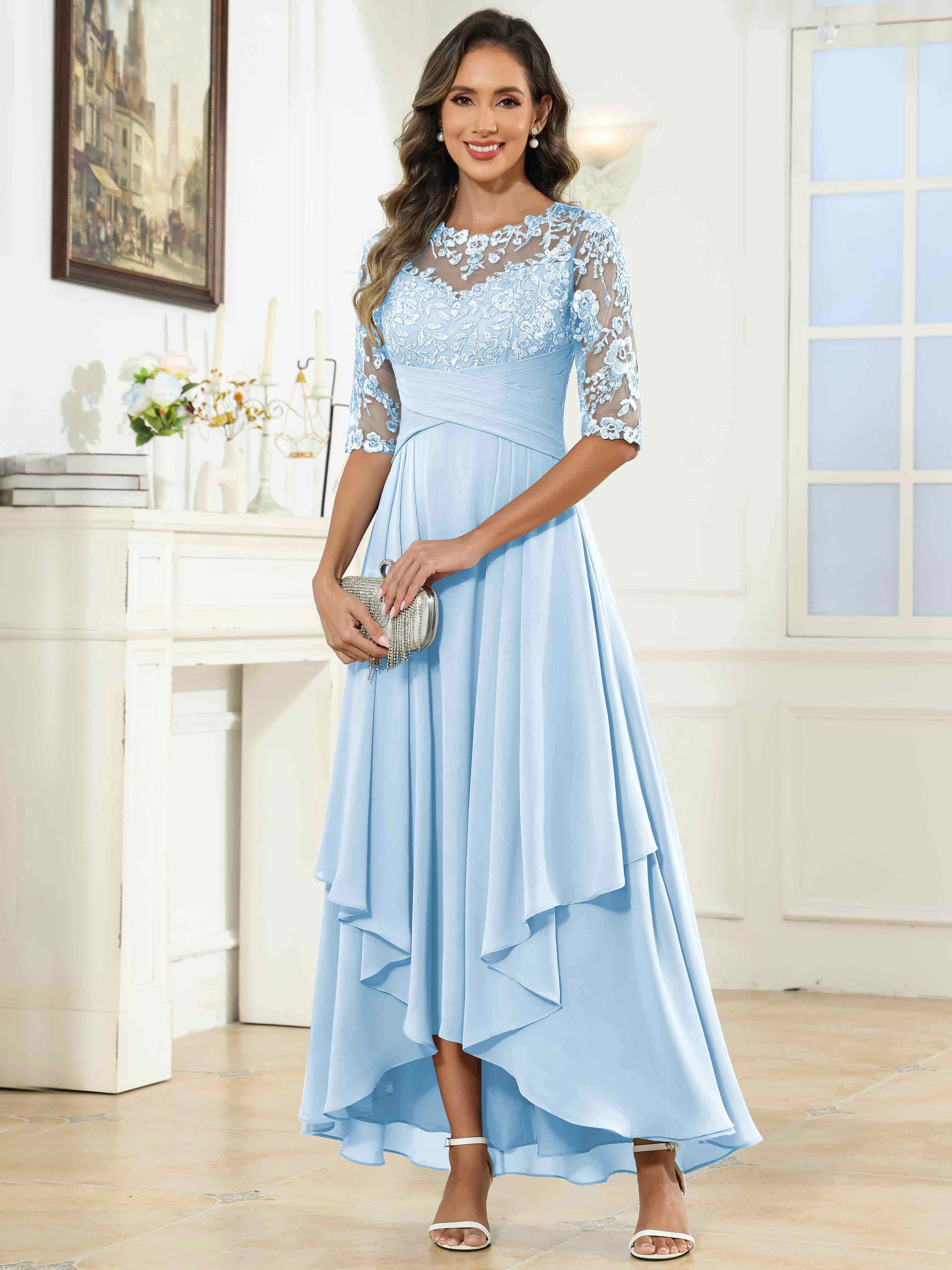ROVDESY Tea Length A-Line Lace Chiffon Mother Of The Bride Dress With Half Sleeves