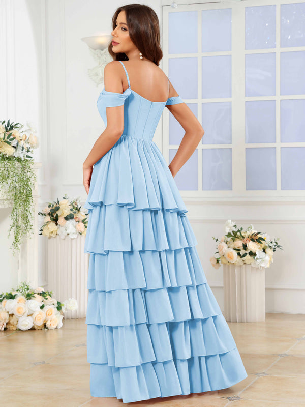 A-Line Off The Shoulder Tiered Chiffon Bridesmaid/Prom Dress With Slit