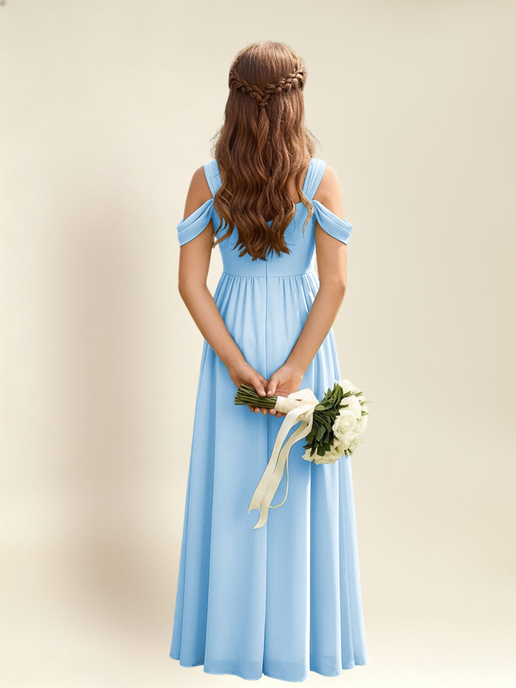 ROVDESY A-Line Off The Shoulder Pleated Chiffon Junior Bridesmaid Dress