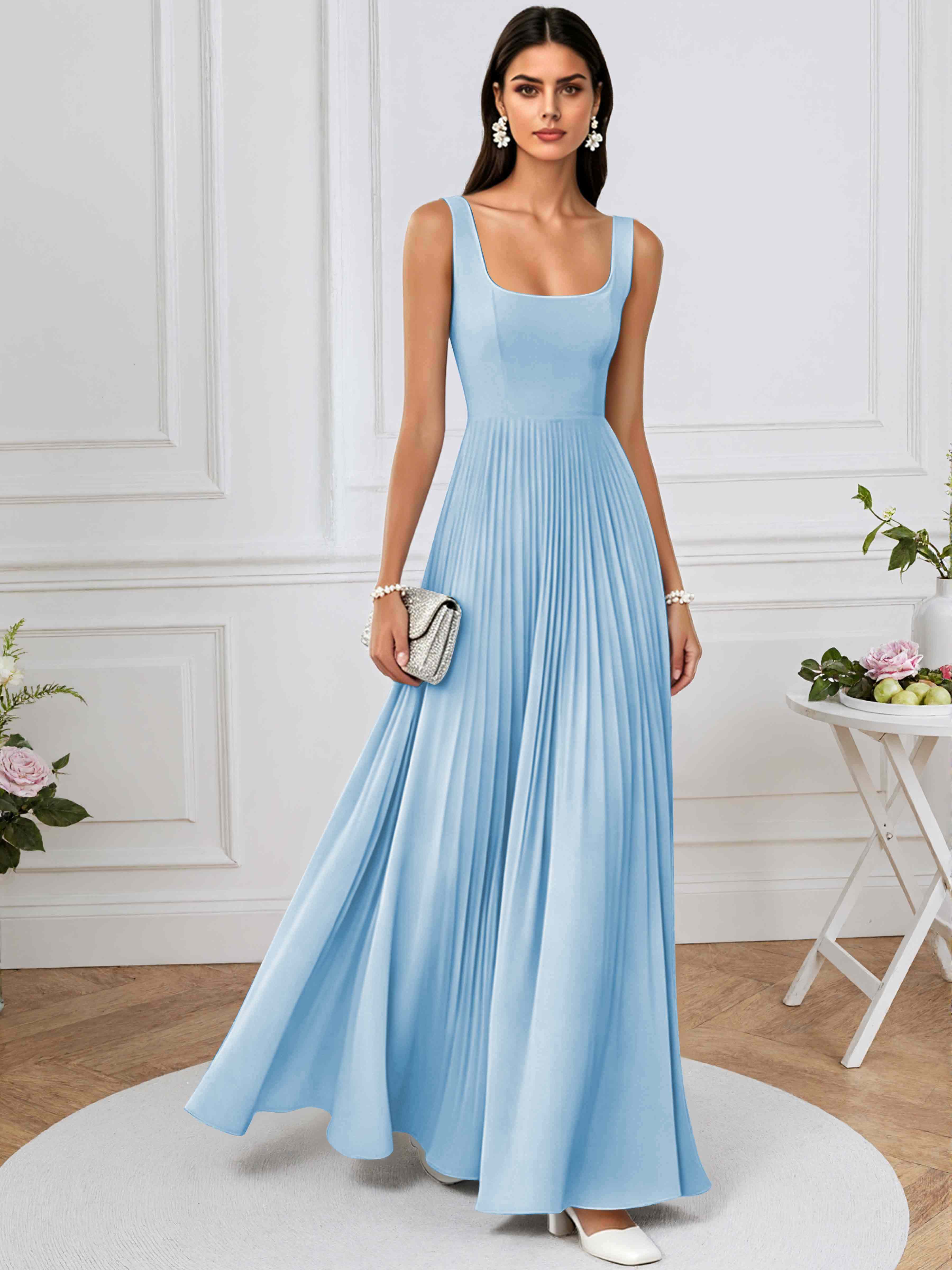 ROVDESY A-Line Square Neck Pleated Chiffon Long Bridesmaid/Prom Dress